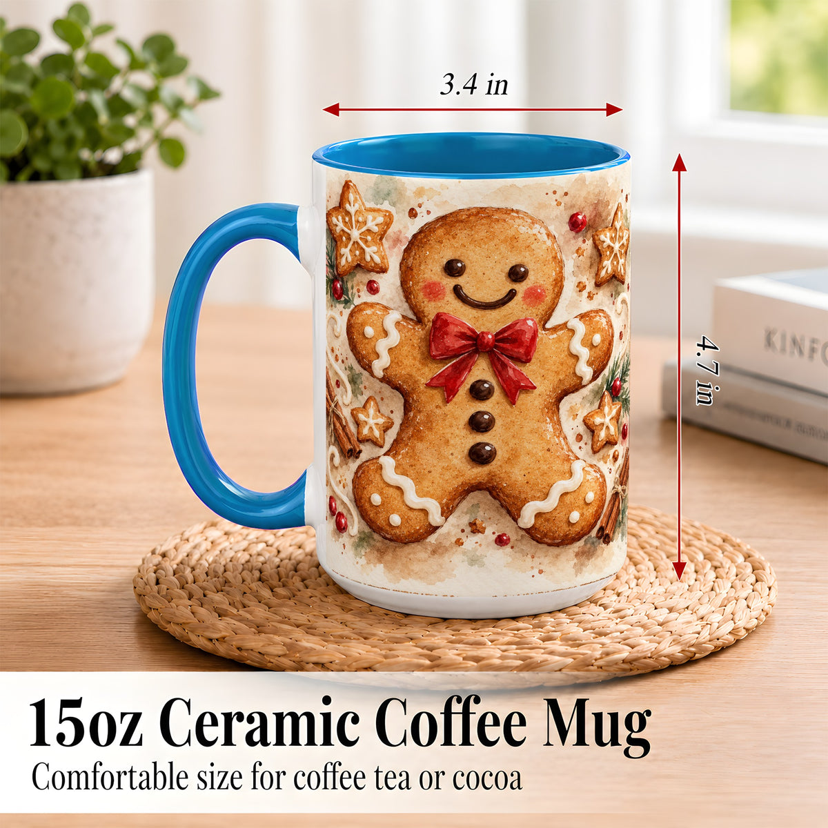 #pl[15oz|Blue] Watercolor Gingerbread Coffee Mug, Christmas Cookie Mug, Ceramic Cup