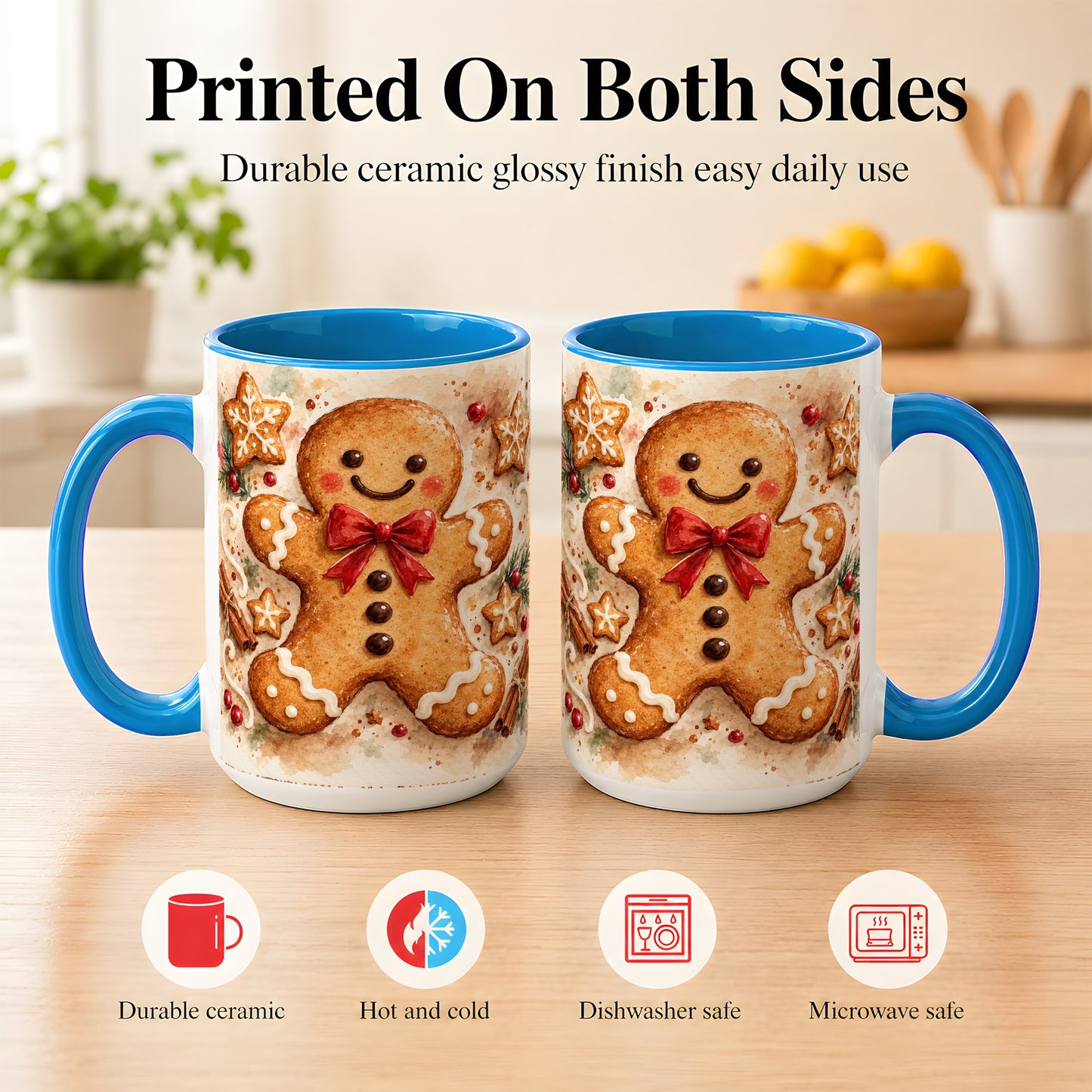 #pl[15oz|Blue] Watercolor Gingerbread Coffee Mug, Christmas Cookie Mug, Ceramic Cup