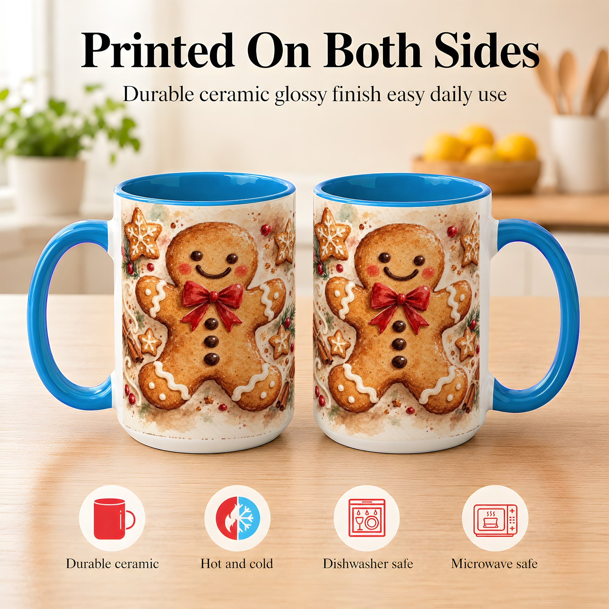 #pl[15oz|Blue] Watercolor Gingerbread Coffee Mug, Christmas Cookie Mug, Ceramic Cup