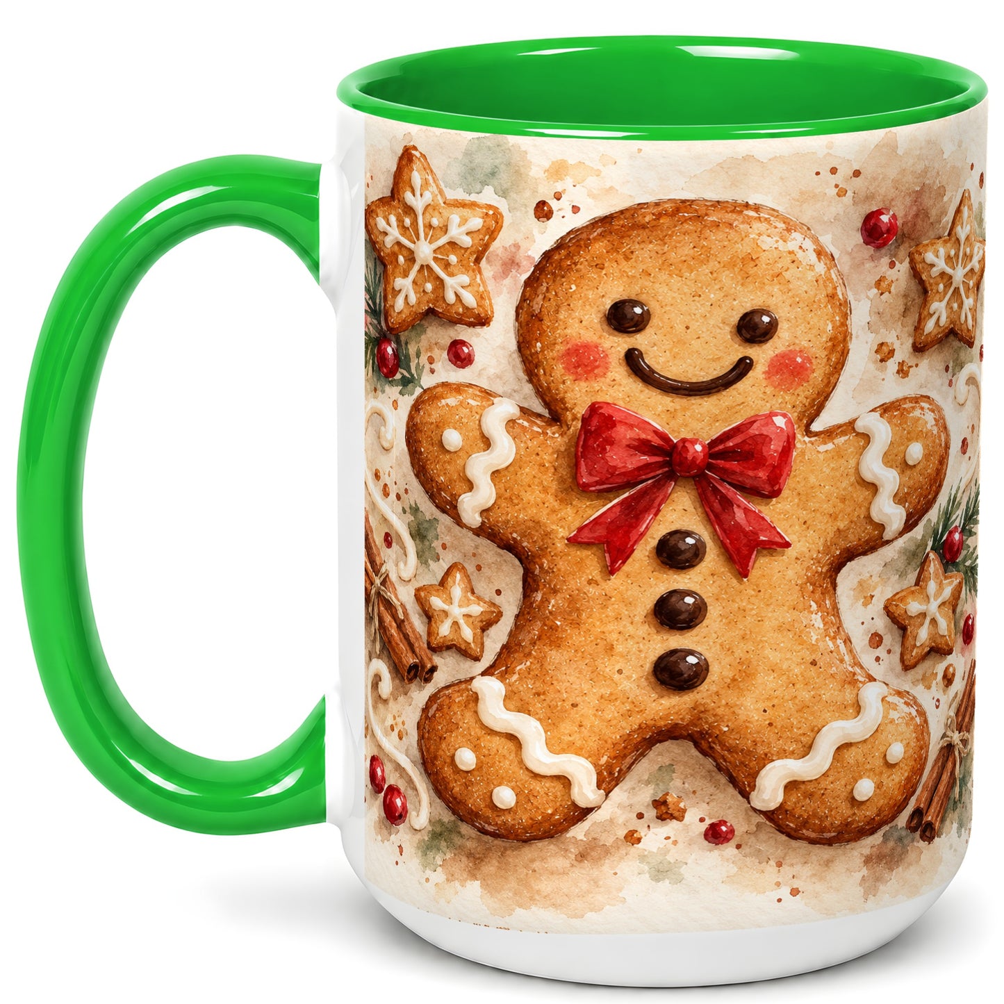 #pl[15oz|Green] Watercolor Gingerbread Coffee Mug, Christmas Cookie Mug, Ceramic Cup