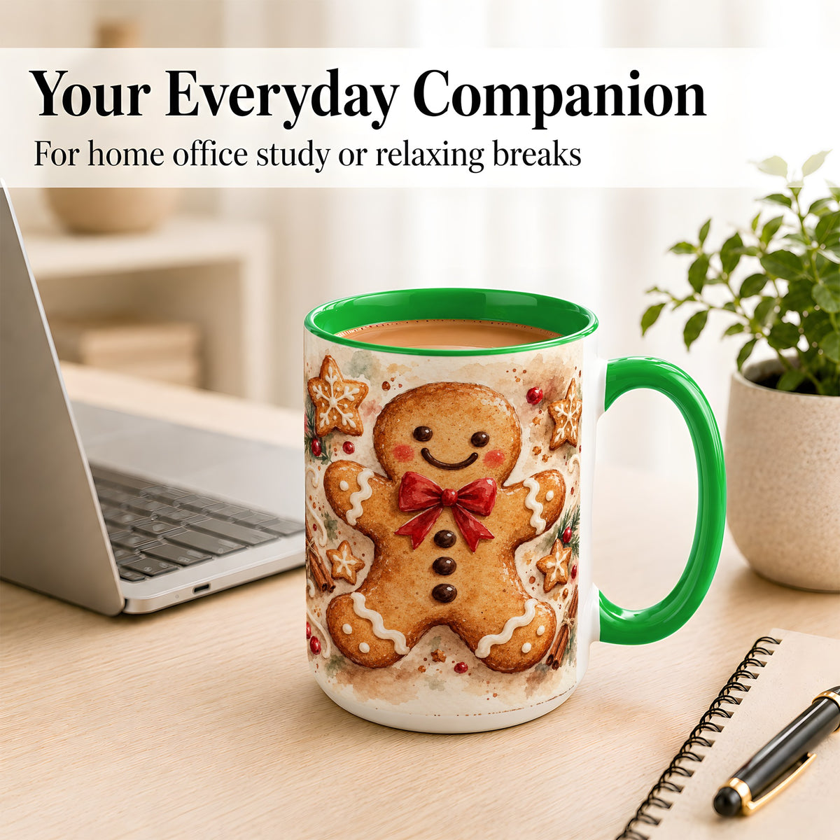 #pl[15oz|Green] Watercolor Gingerbread Coffee Mug, Christmas Cookie Mug, Ceramic Cup