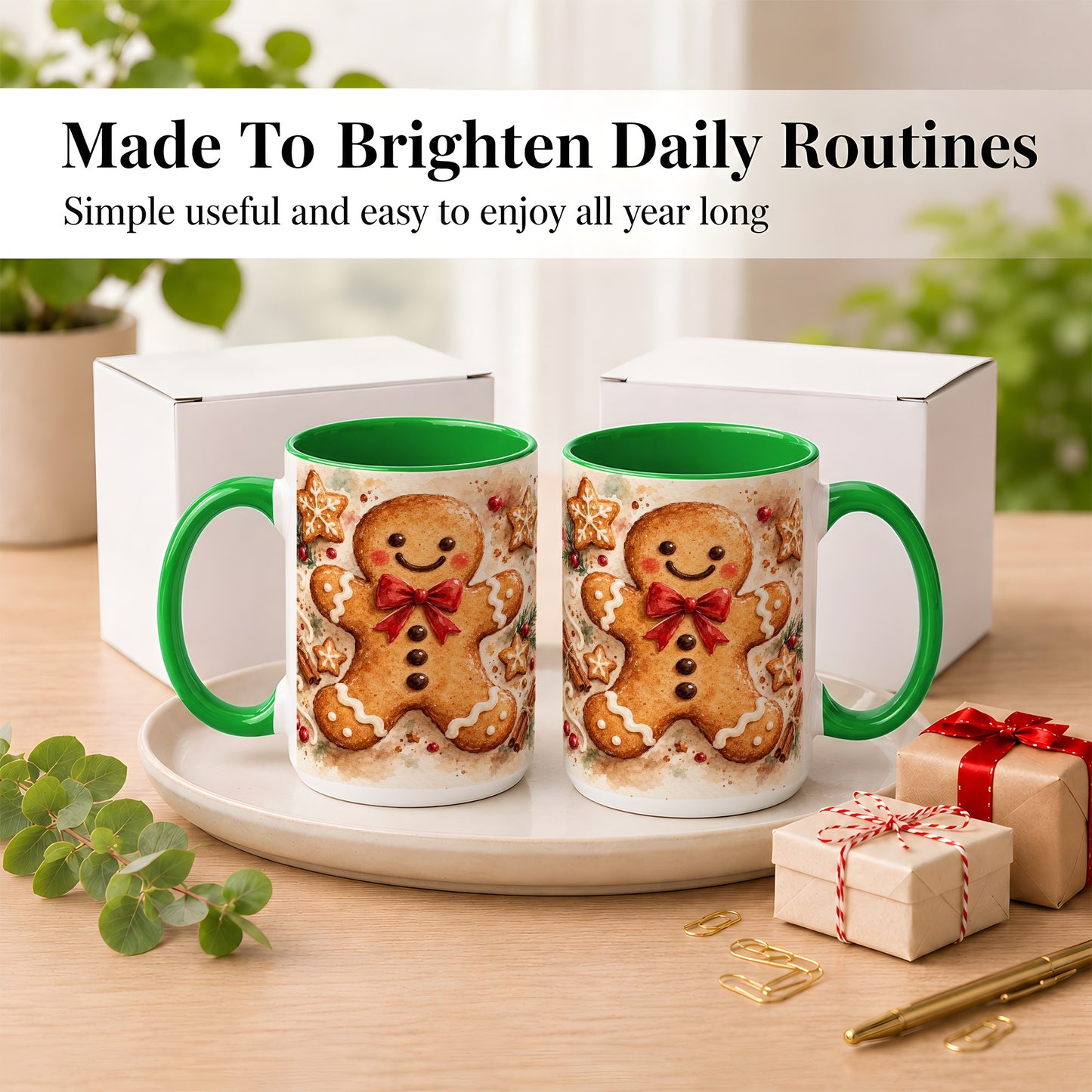 #pl[15oz|Green] Watercolor Gingerbread Coffee Mug, Christmas Cookie Mug, Ceramic Cup