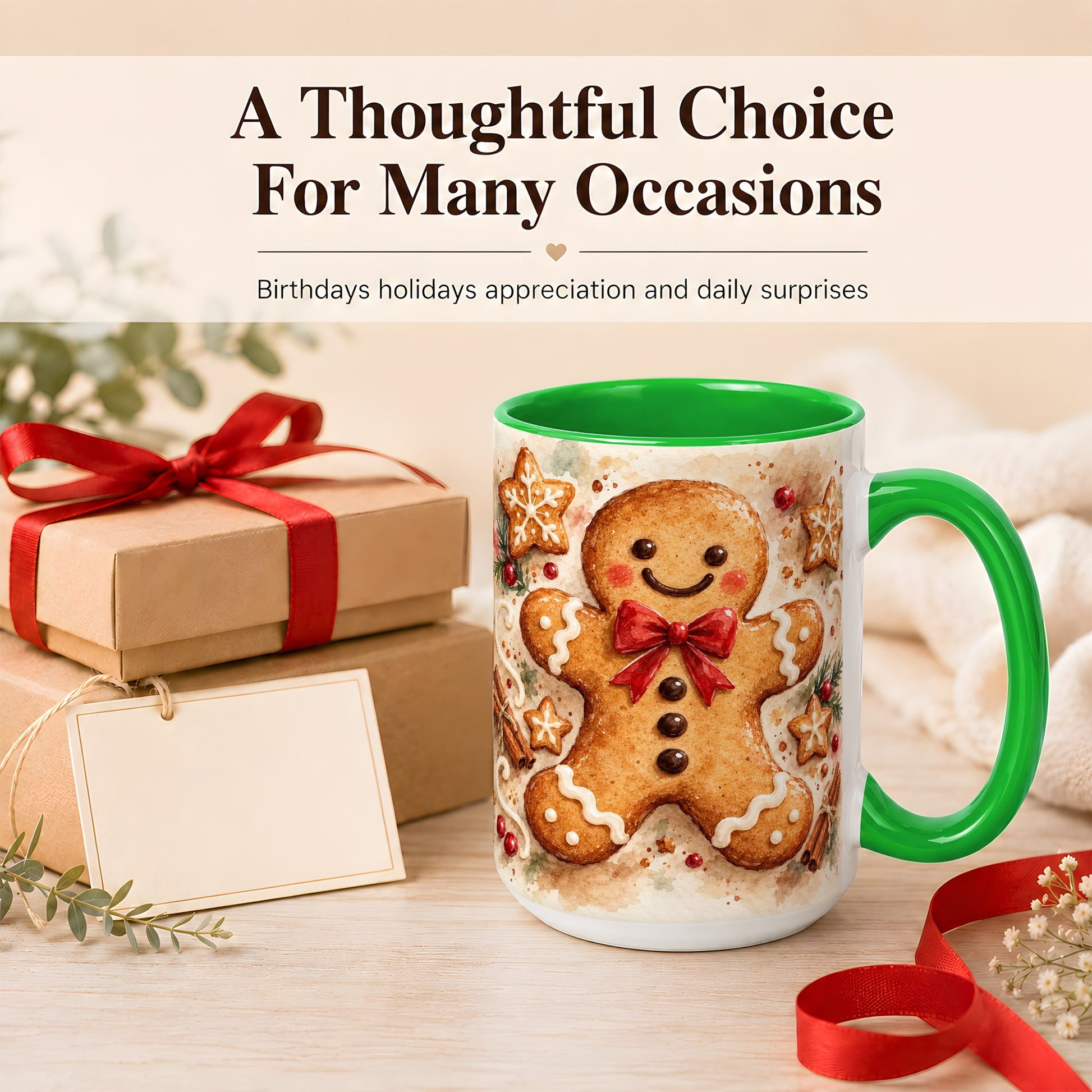 #pl[15oz|Green] Watercolor Gingerbread Coffee Mug, Christmas Cookie Mug, Ceramic Cup