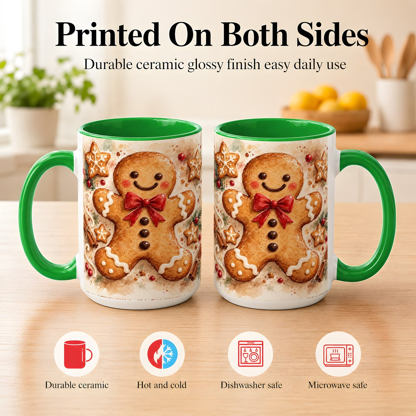 #pl[15oz|Green] Watercolor Gingerbread Coffee Mug, Christmas Cookie Mug, Ceramic Cup