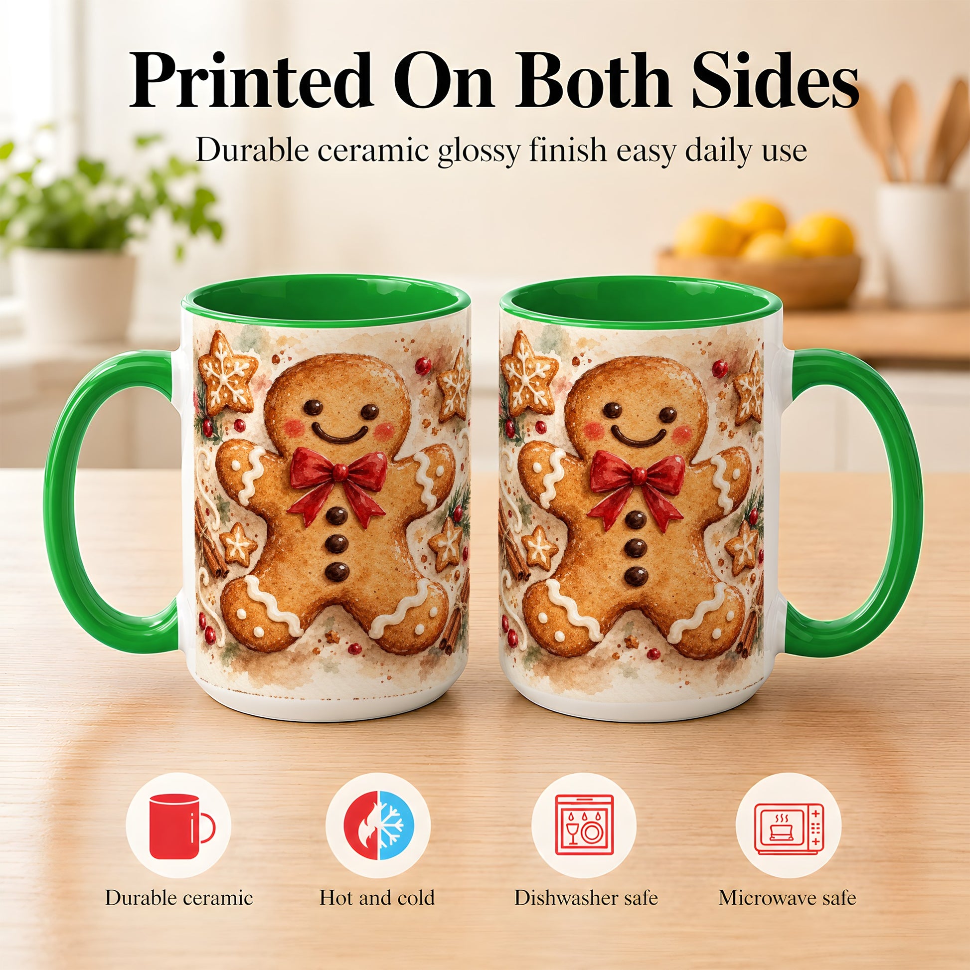 #pl[15oz|Green] Watercolor Gingerbread Coffee Mug, Christmas Cookie Mug, Ceramic Cup