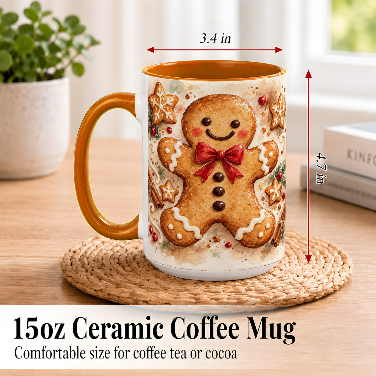 #pl[15oz|Orange] Watercolor Gingerbread Coffee Mug, Christmas Cookie Mug, Ceramic Cup