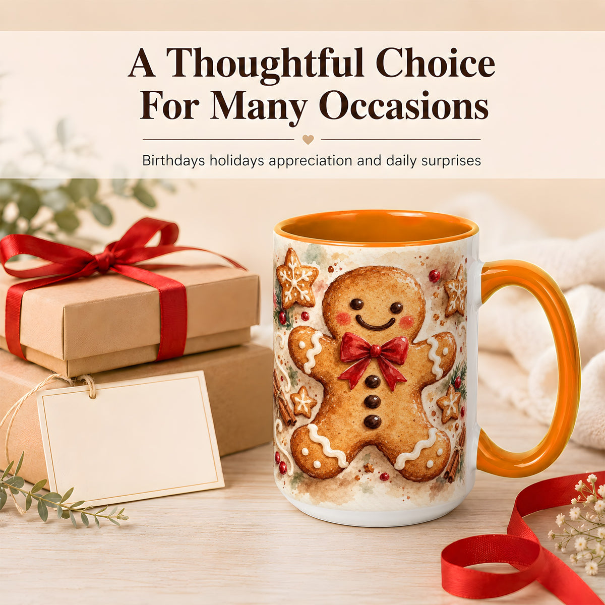 #pl[15oz|Orange] Watercolor Gingerbread Coffee Mug, Christmas Cookie Mug, Ceramic Cup