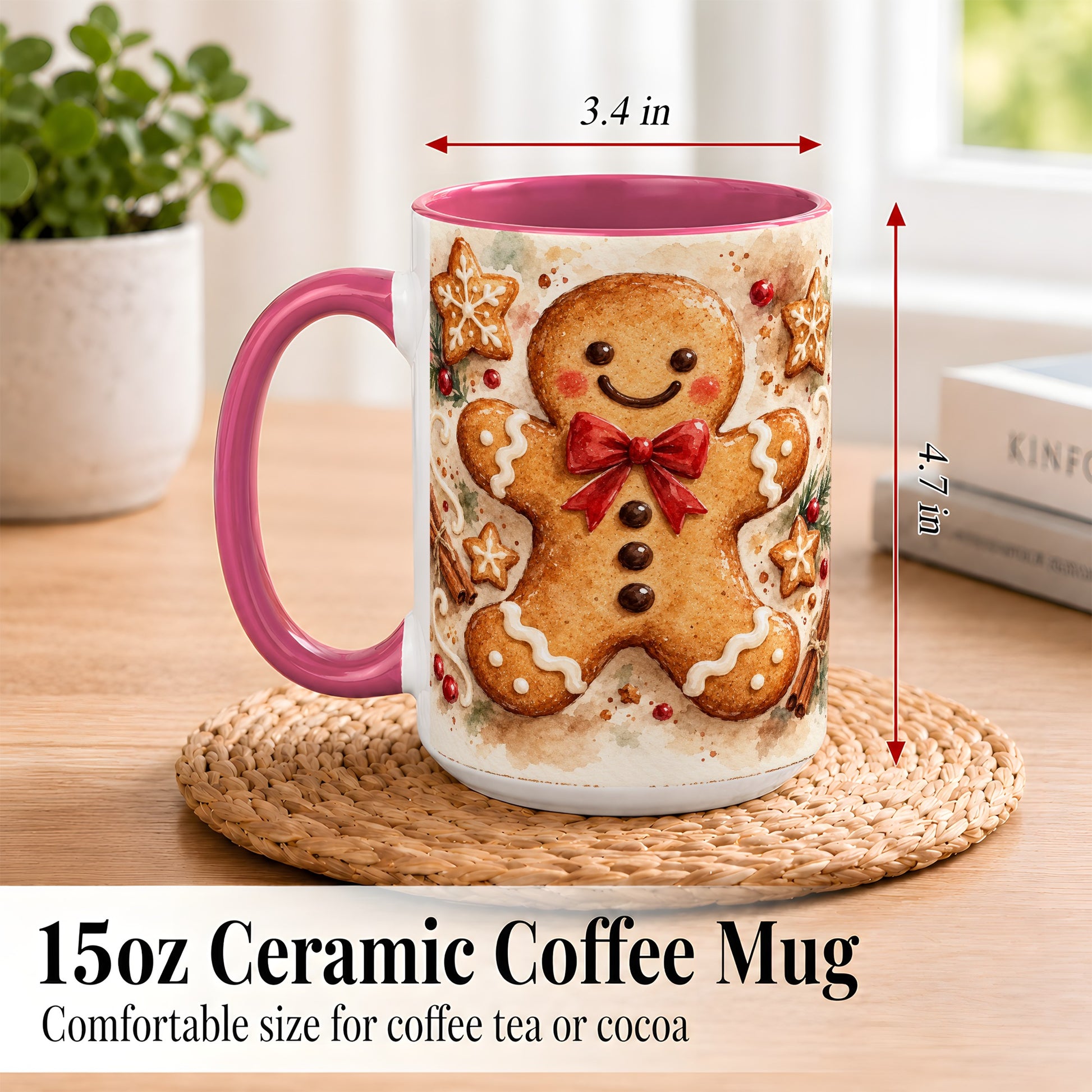 #pl[15oz|Pink] Watercolor Gingerbread Coffee Mug, Christmas Cookie Mug, Ceramic Cup