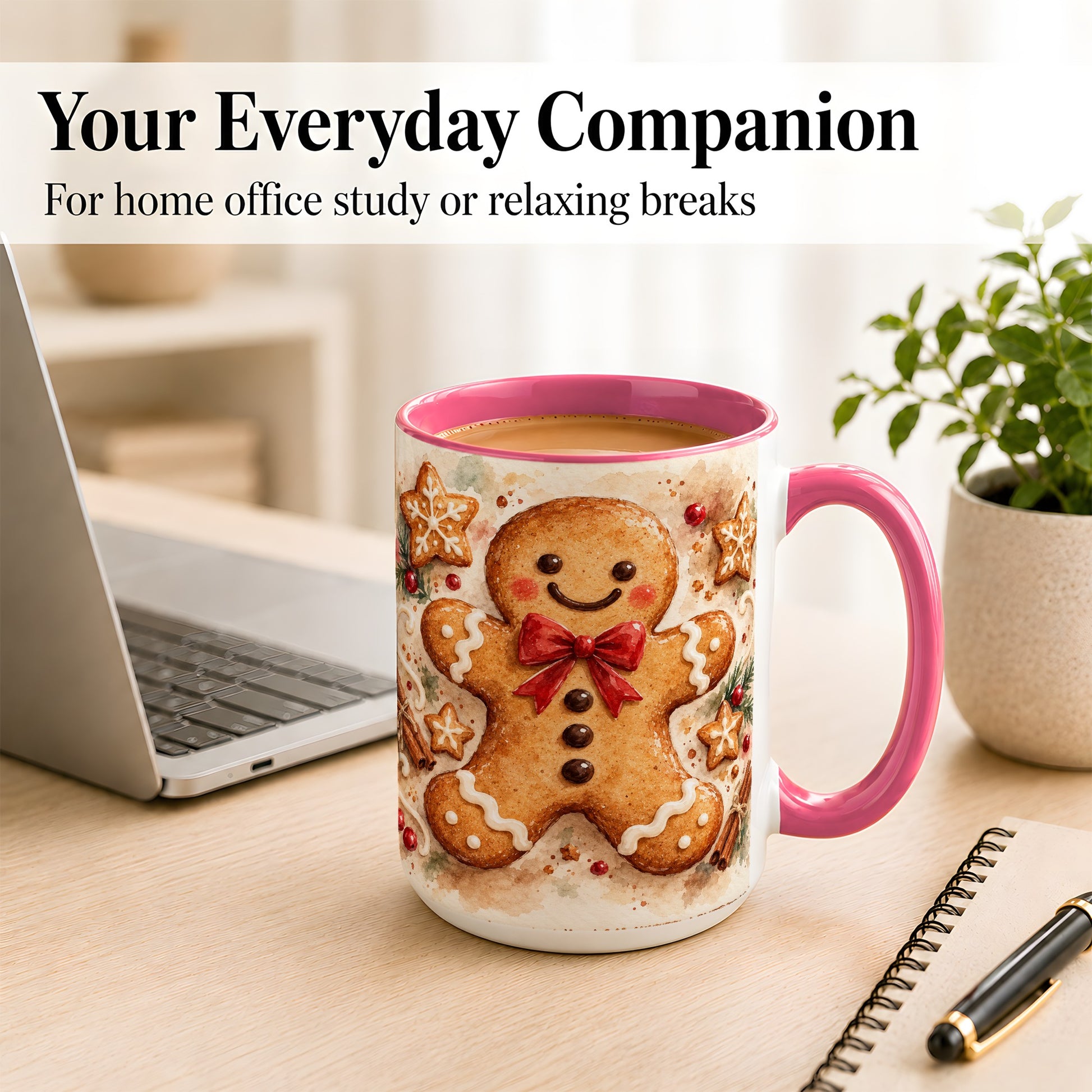 #pl[15oz|Pink] Watercolor Gingerbread Coffee Mug, Christmas Cookie Mug, Ceramic Cup