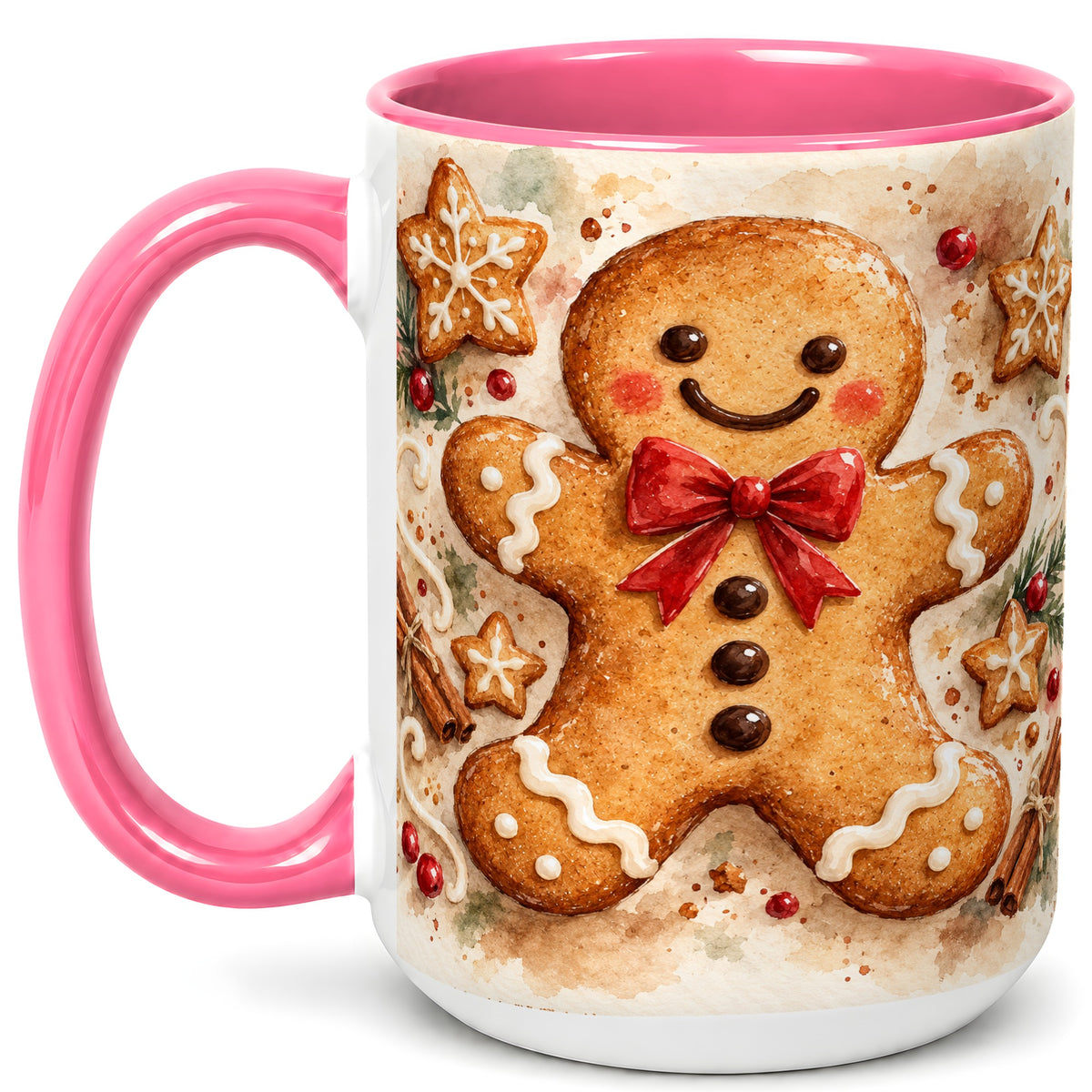 #pl[15oz|Pink] Watercolor Gingerbread Coffee Mug, Christmas Cookie Mug, Ceramic Cup