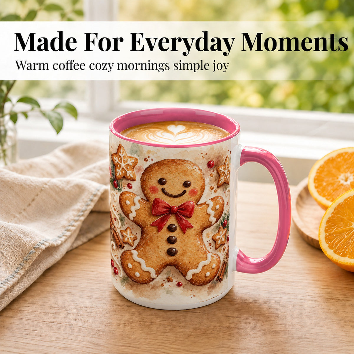 #pl[15oz|Pink] Watercolor Gingerbread Coffee Mug, Christmas Cookie Mug, Ceramic Cup