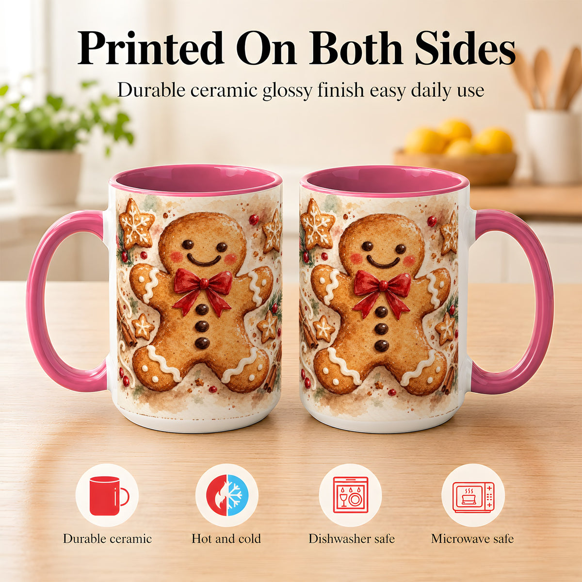 #pl[15oz|Pink] Watercolor Gingerbread Coffee Mug, Christmas Cookie Mug, Ceramic Cup