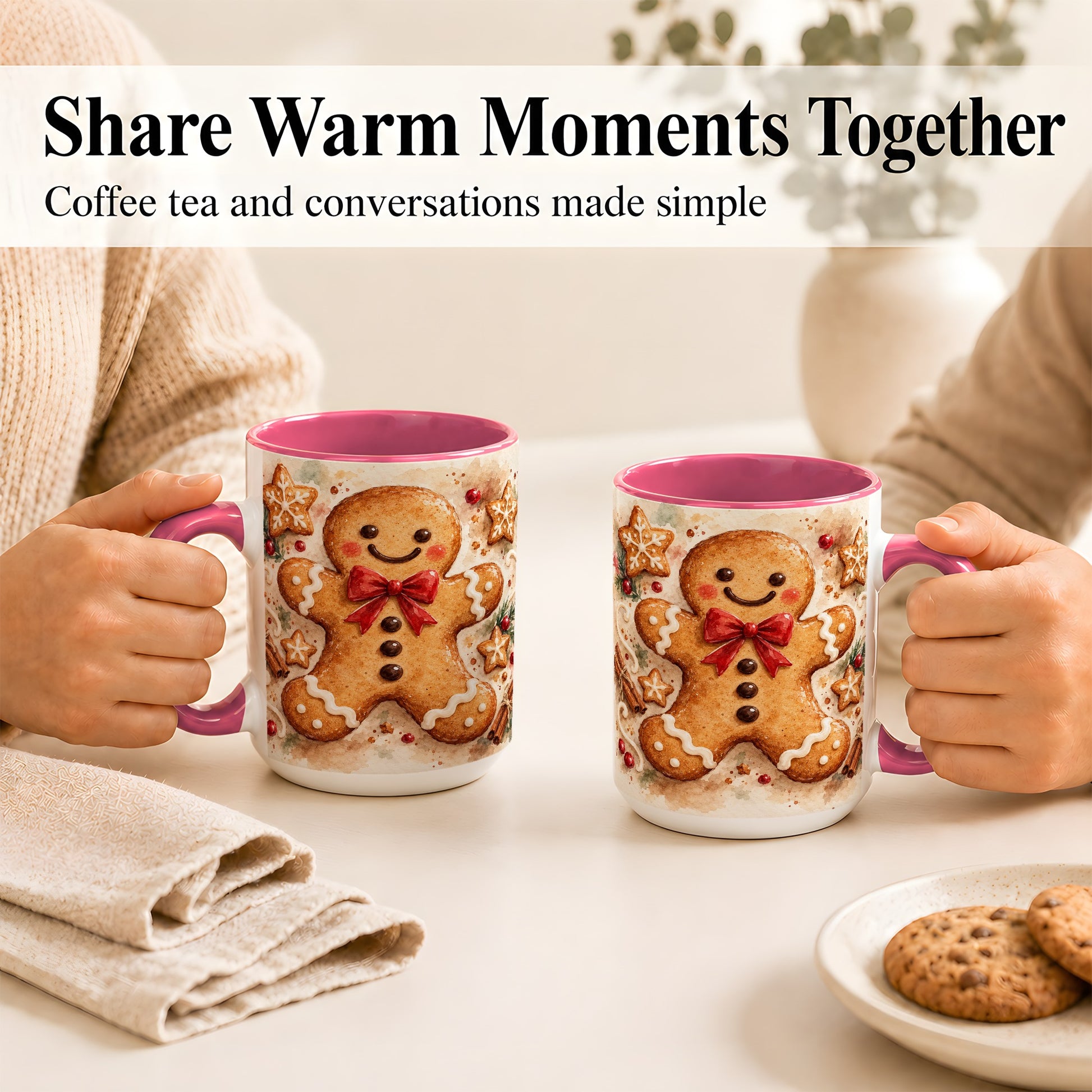 #pl[15oz|Pink] Watercolor Gingerbread Coffee Mug, Christmas Cookie Mug, Ceramic Cup