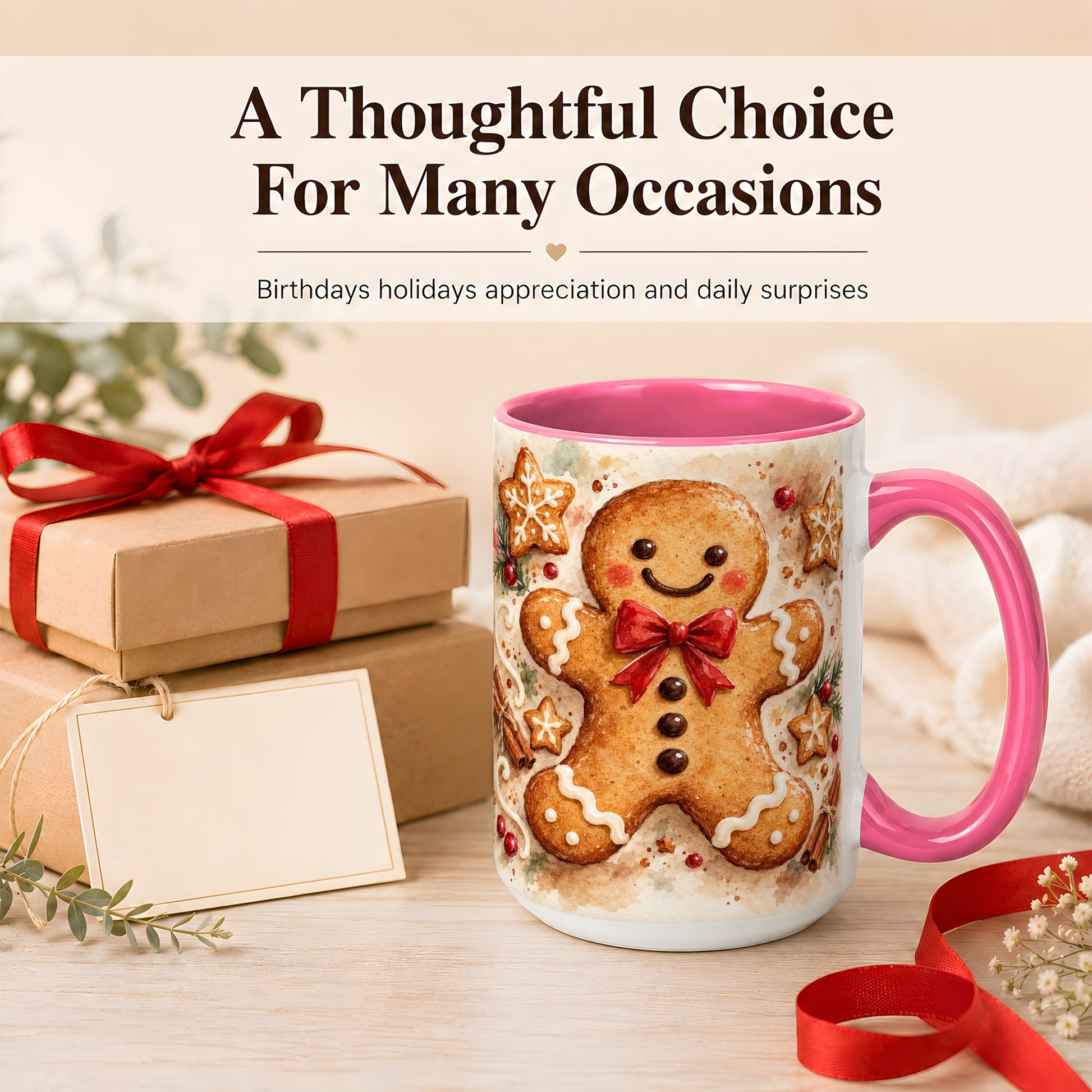 #pl[15oz|Pink] Watercolor Gingerbread Coffee Mug, Christmas Cookie Mug, Ceramic Cup