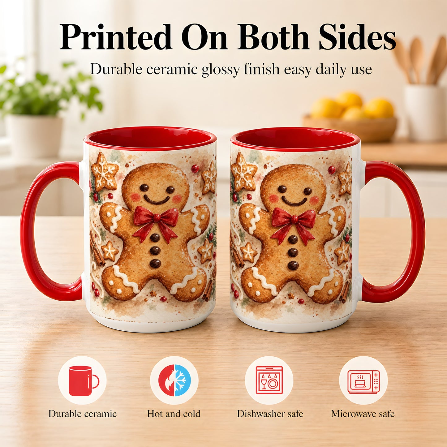 #pl[15oz|Red] Watercolor Gingerbread Coffee Mug, Christmas Cookie Mug, Ceramic Cup