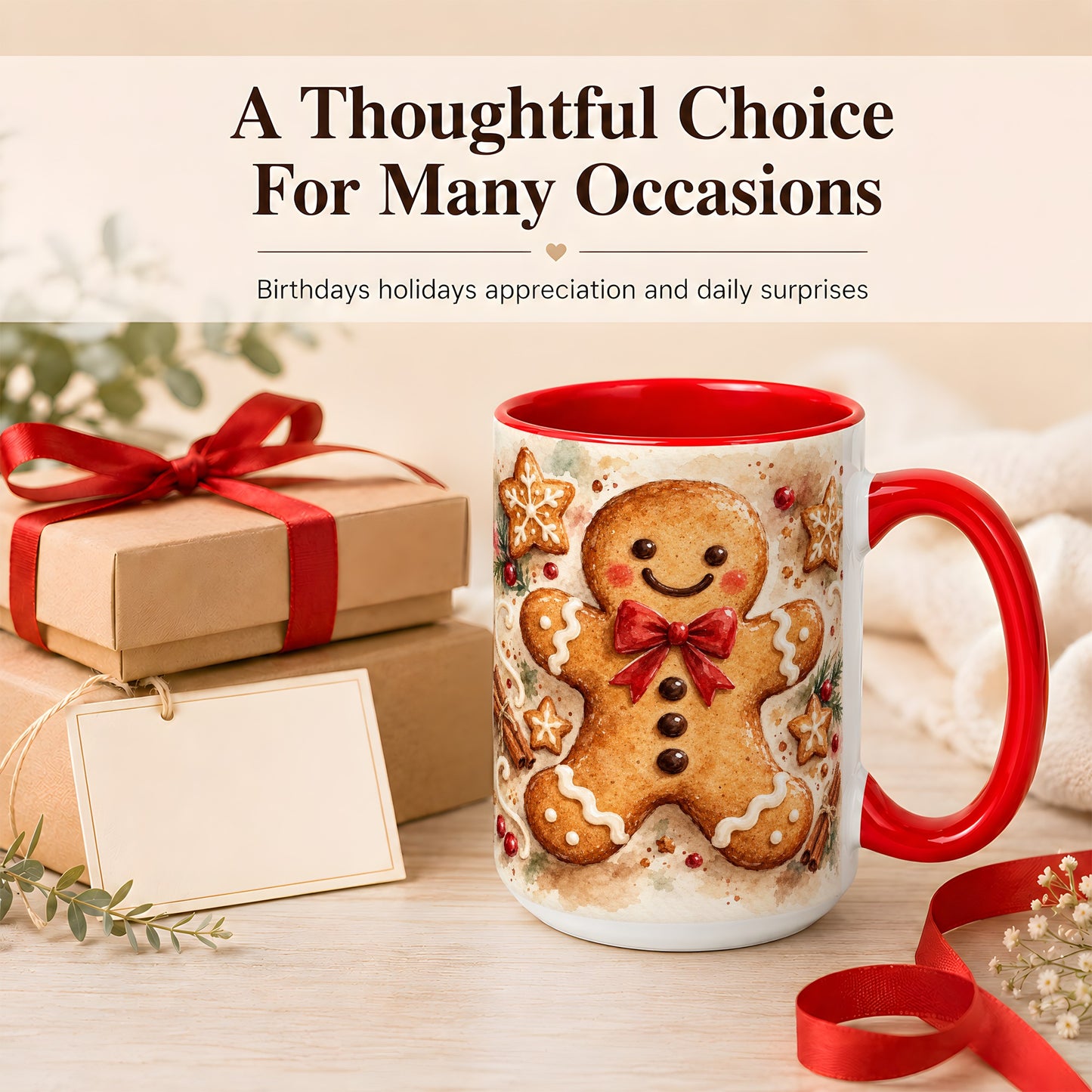 #pl[15oz|Red] Watercolor Gingerbread Coffee Mug, Christmas Cookie Mug, Ceramic Cup