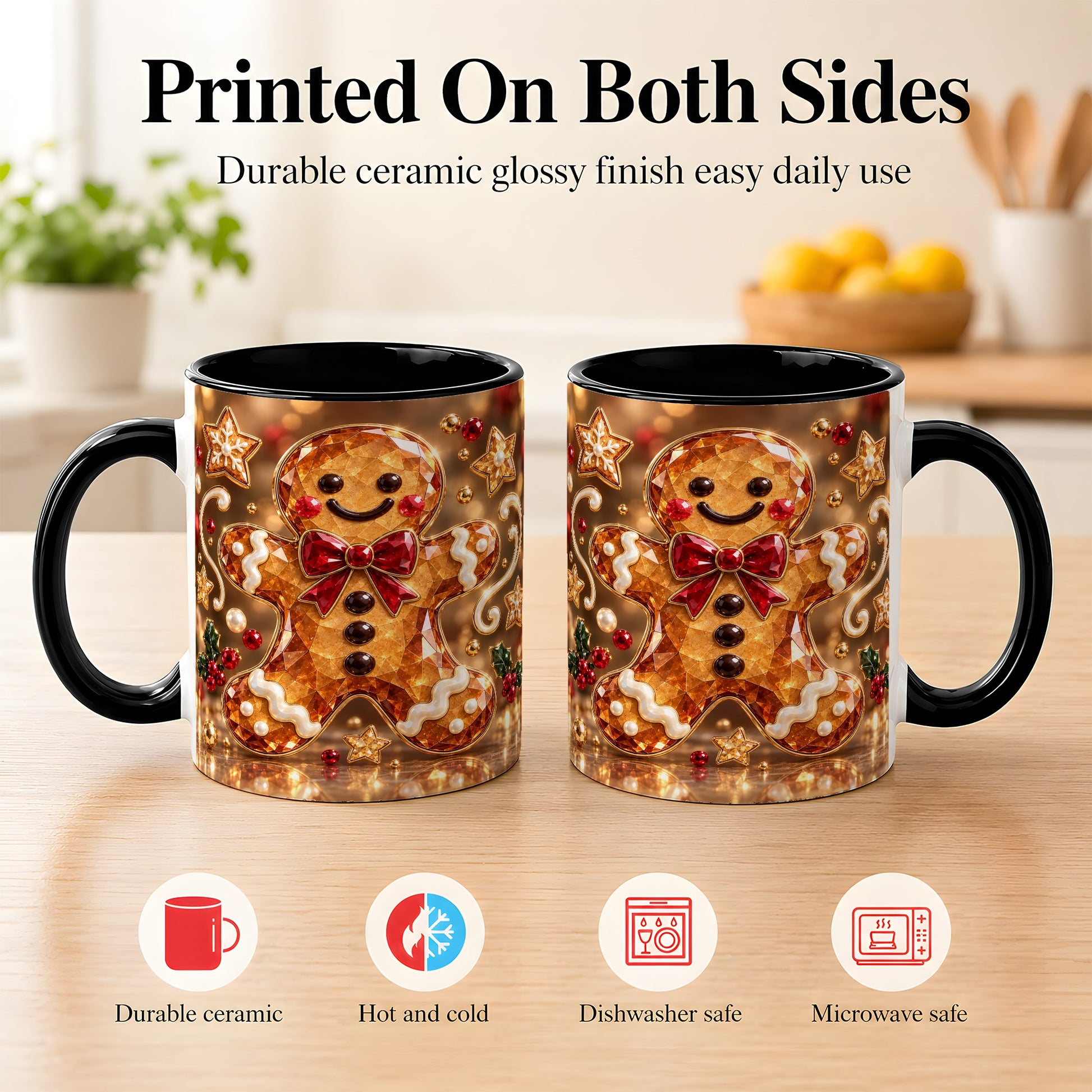 #pl[11oz|Black] Jewel Style Gingerbread Coffee Mug, Sparkling Holiday Mug, Ceramic Cup