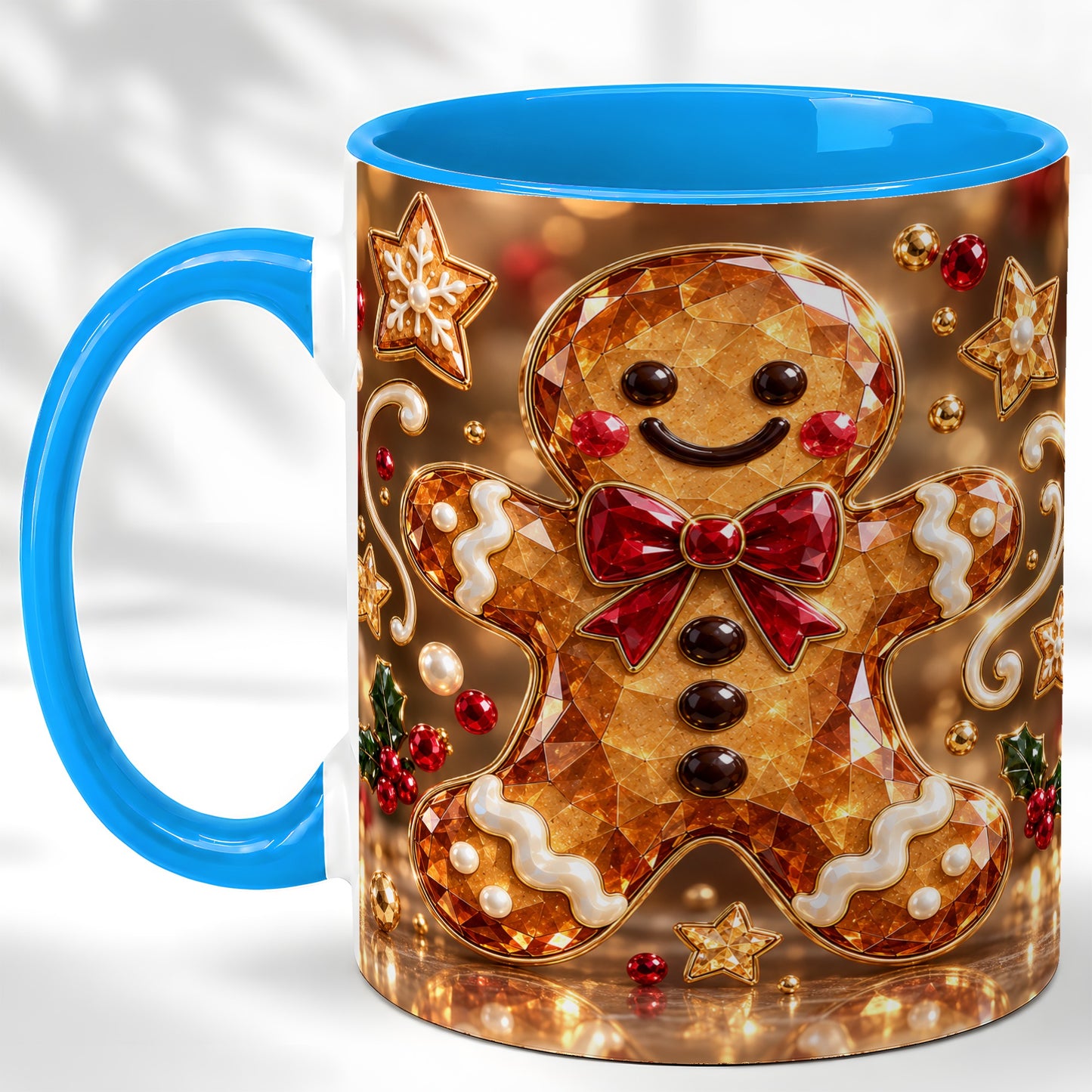 #pl[11oz|Blue] Jewel Style Gingerbread Coffee Mug, Sparkling Holiday Mug, Ceramic Cup