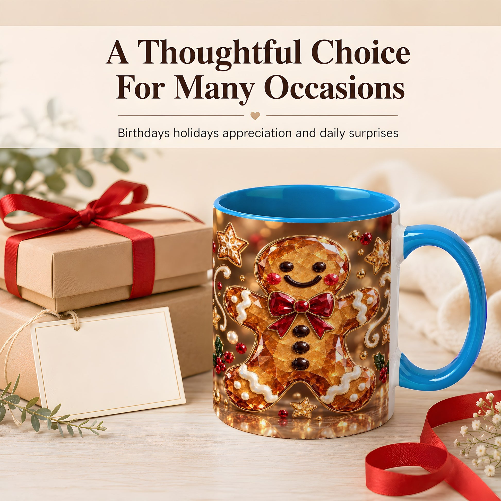 #pl[11oz|Blue] Jewel Style Gingerbread Coffee Mug, Sparkling Holiday Mug, Ceramic Cup