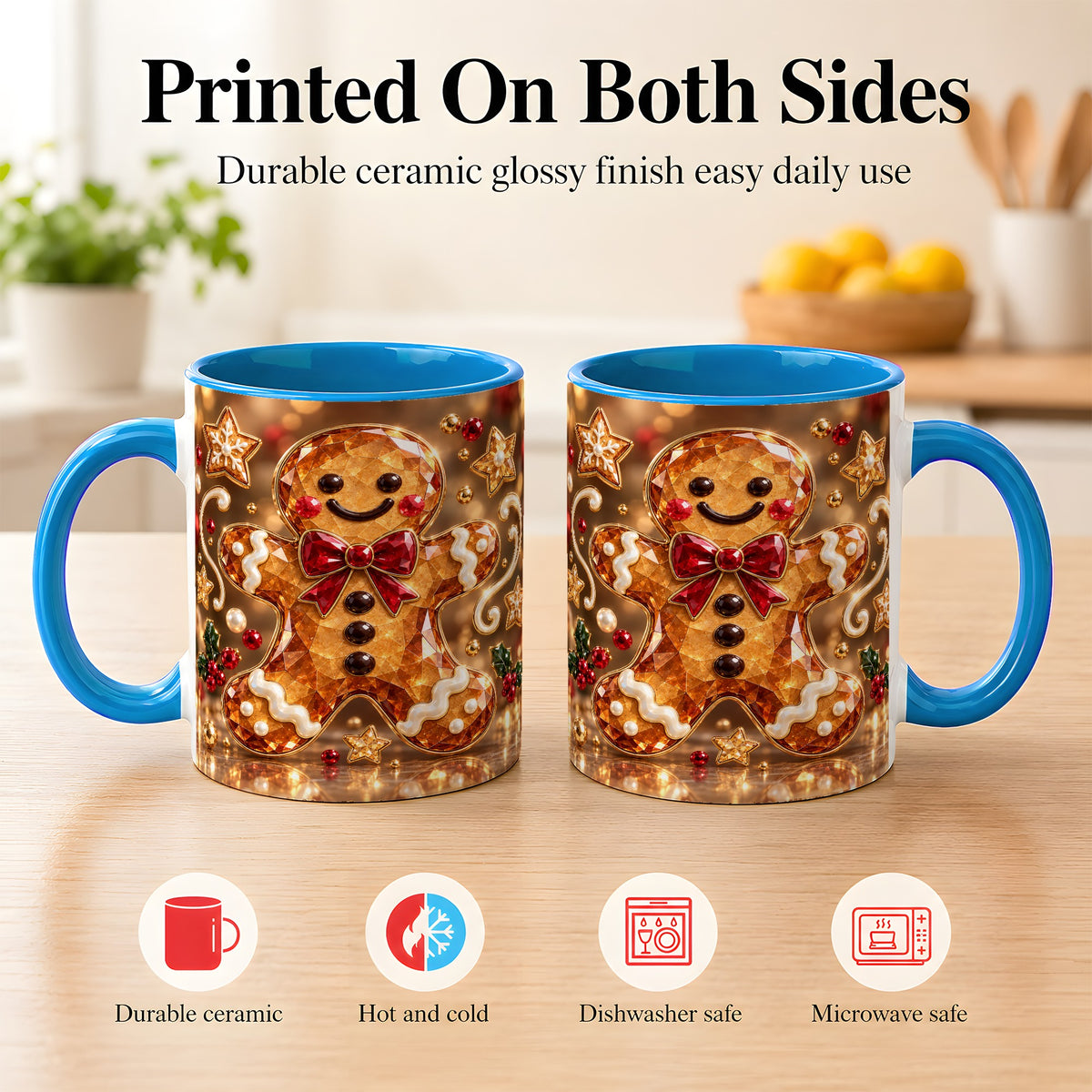 #pl[11oz|Blue] Jewel Style Gingerbread Coffee Mug, Sparkling Holiday Mug, Ceramic Cup