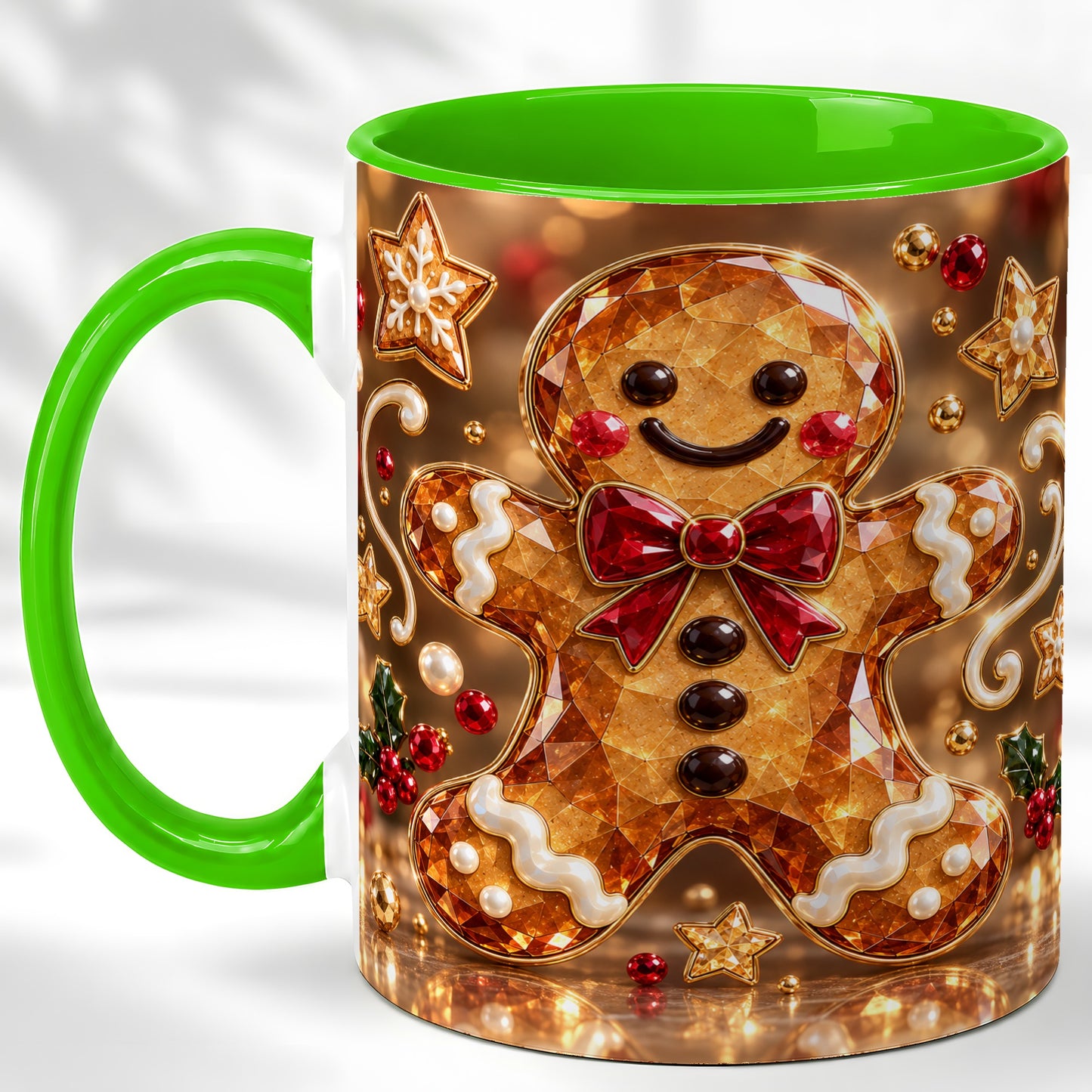 #pl[11oz|Green] Jewel Style Gingerbread Coffee Mug, Sparkling Holiday Mug, Ceramic Cup