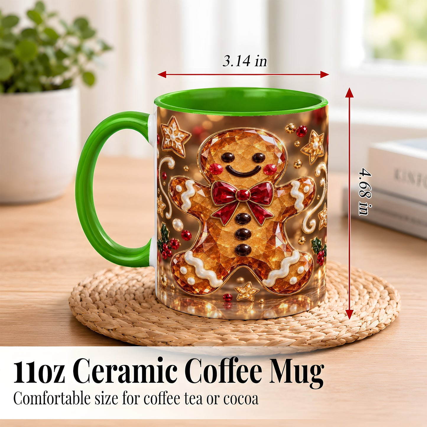 #pl[11oz|Green] Jewel Style Gingerbread Coffee Mug, Sparkling Holiday Mug, Ceramic Cup