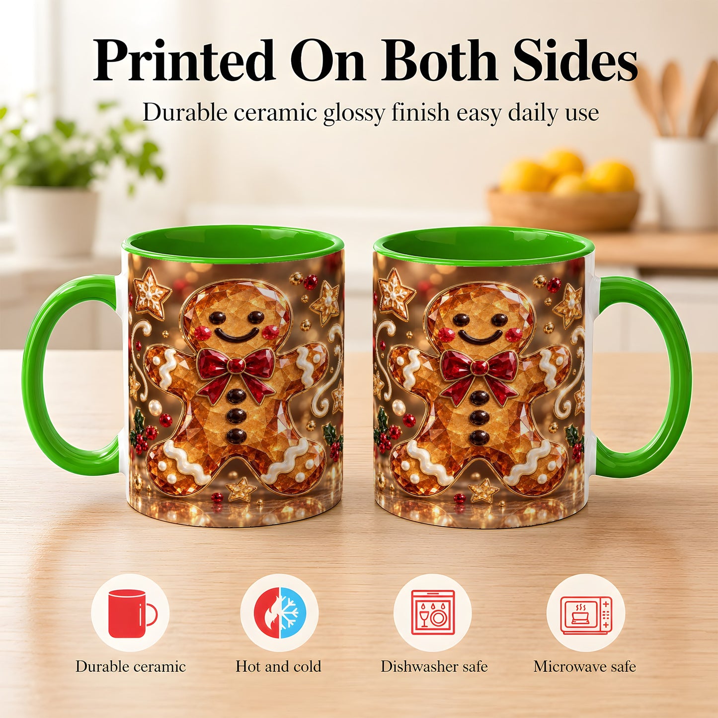 #pl[11oz|Green] Jewel Style Gingerbread Coffee Mug, Sparkling Holiday Mug, Ceramic Cup