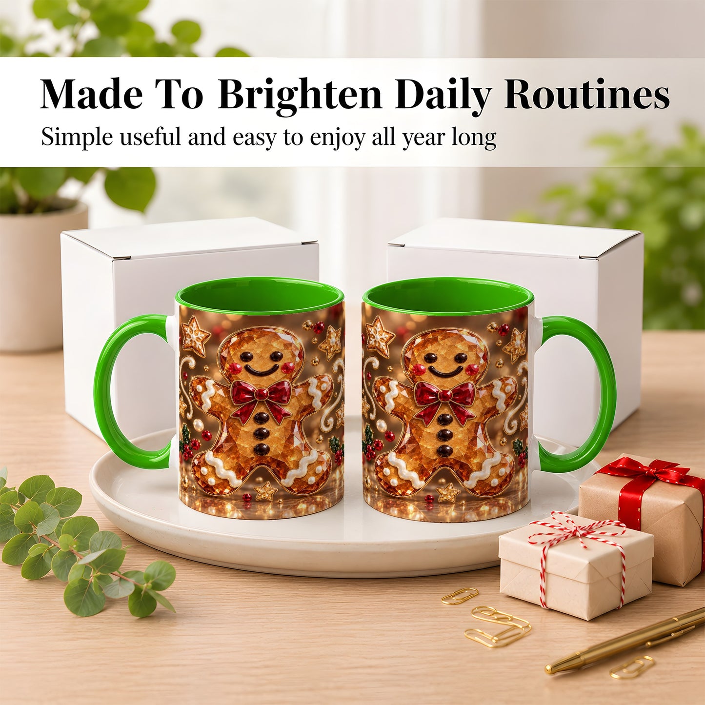 #pl[11oz|Green] Jewel Style Gingerbread Coffee Mug, Sparkling Holiday Mug, Ceramic Cup