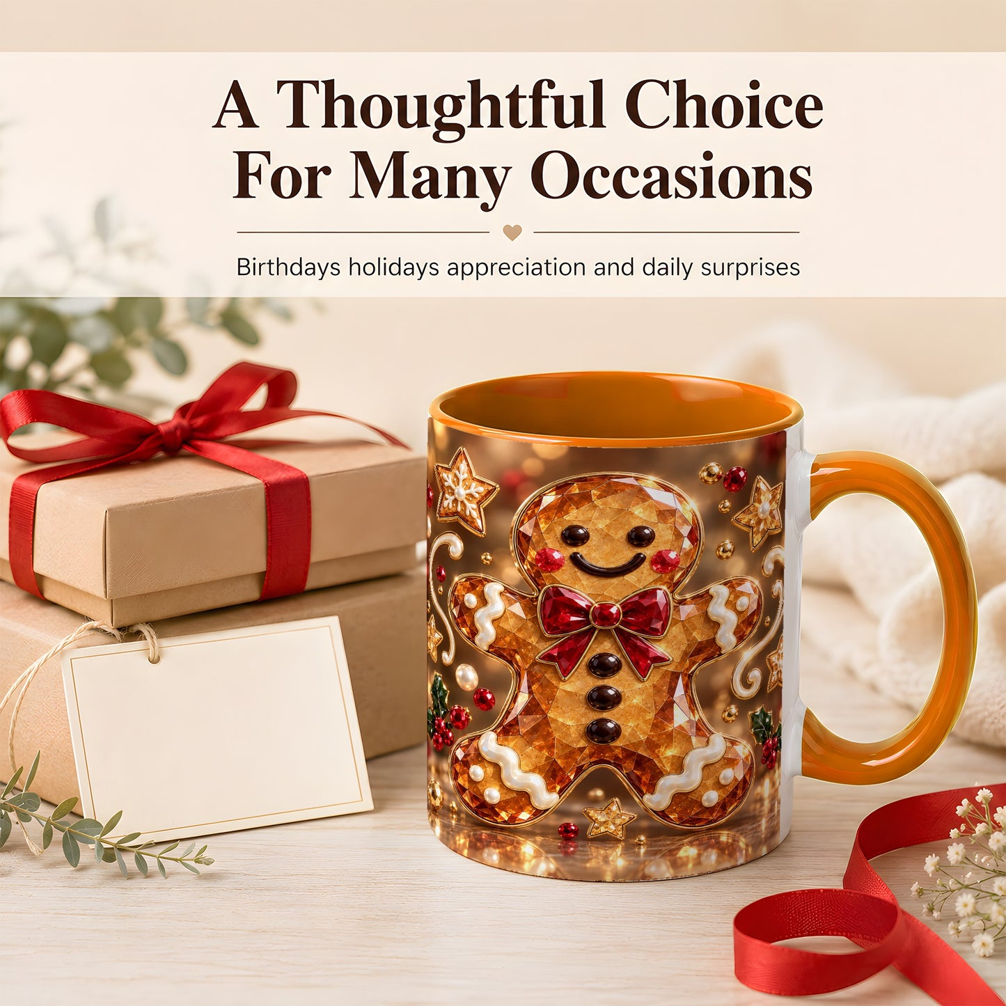 #pl[11oz|Orange] Jewel Style Gingerbread Coffee Mug, Sparkling Holiday Mug, Ceramic Cup