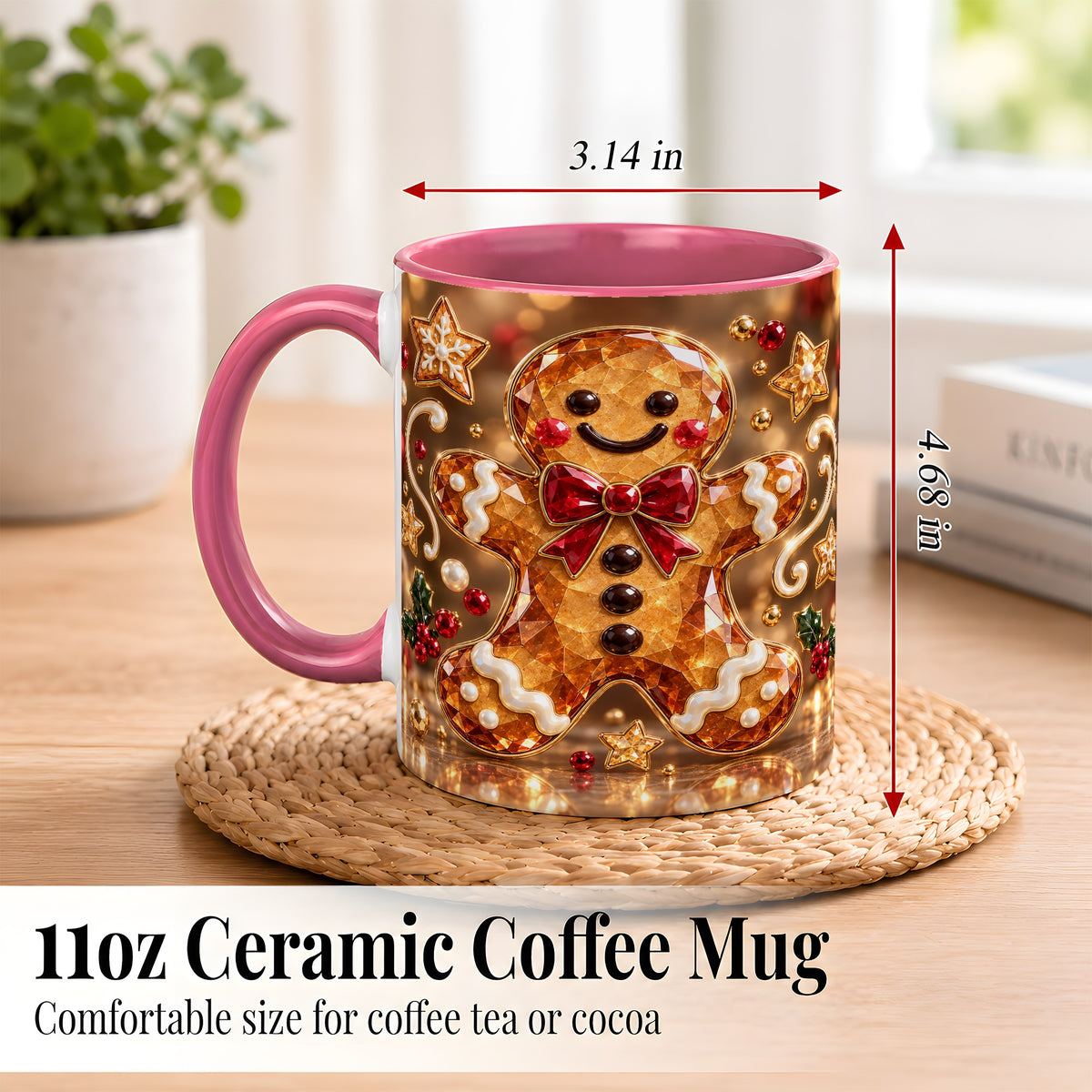 #pl[11oz|Pink] Jewel Style Gingerbread Coffee Mug, Sparkling Holiday Mug, Ceramic Cup
