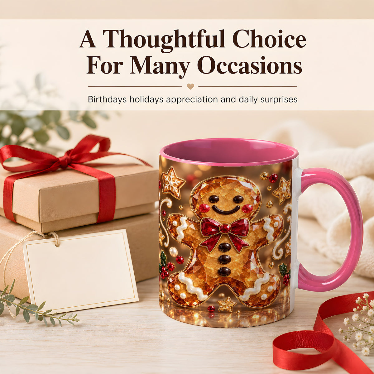 #pl[11oz|Pink] Jewel Style Gingerbread Coffee Mug, Sparkling Holiday Mug, Ceramic Cup