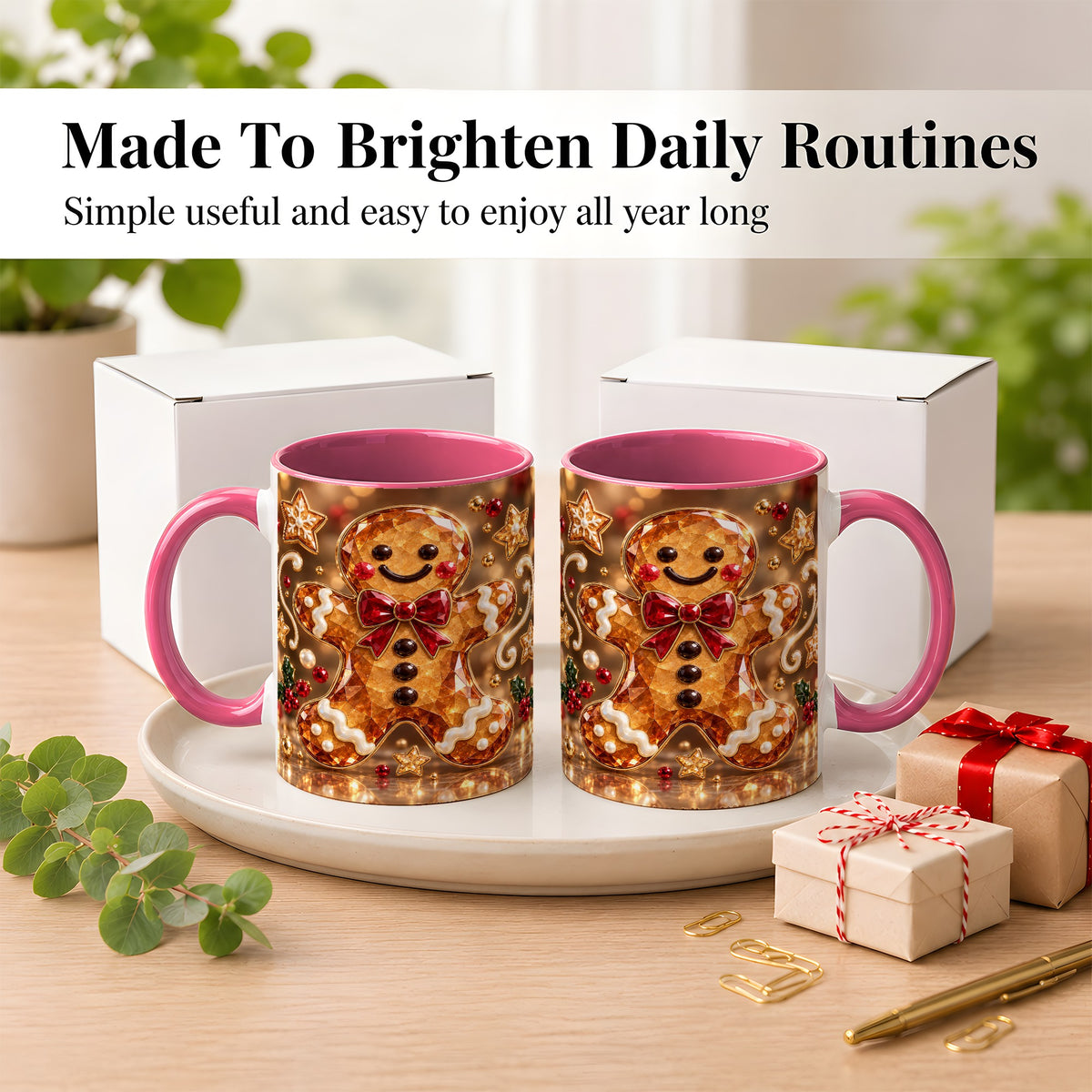 #pl[11oz|Pink] Jewel Style Gingerbread Coffee Mug, Sparkling Holiday Mug, Ceramic Cup