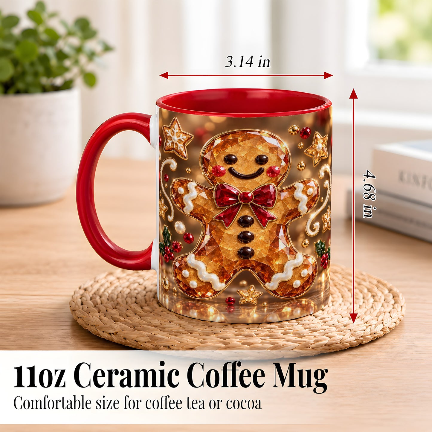#pl[11oz|Red] Jewel Style Gingerbread Coffee Mug, Sparkling Holiday Mug, Ceramic Cup