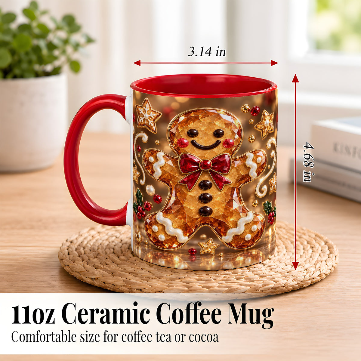 #pl[11oz|Red] Jewel Style Gingerbread Coffee Mug, Sparkling Holiday Mug, Ceramic Cup