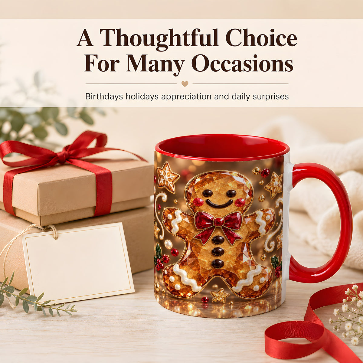 #pl[11oz|Red] Jewel Style Gingerbread Coffee Mug, Sparkling Holiday Mug, Ceramic Cup