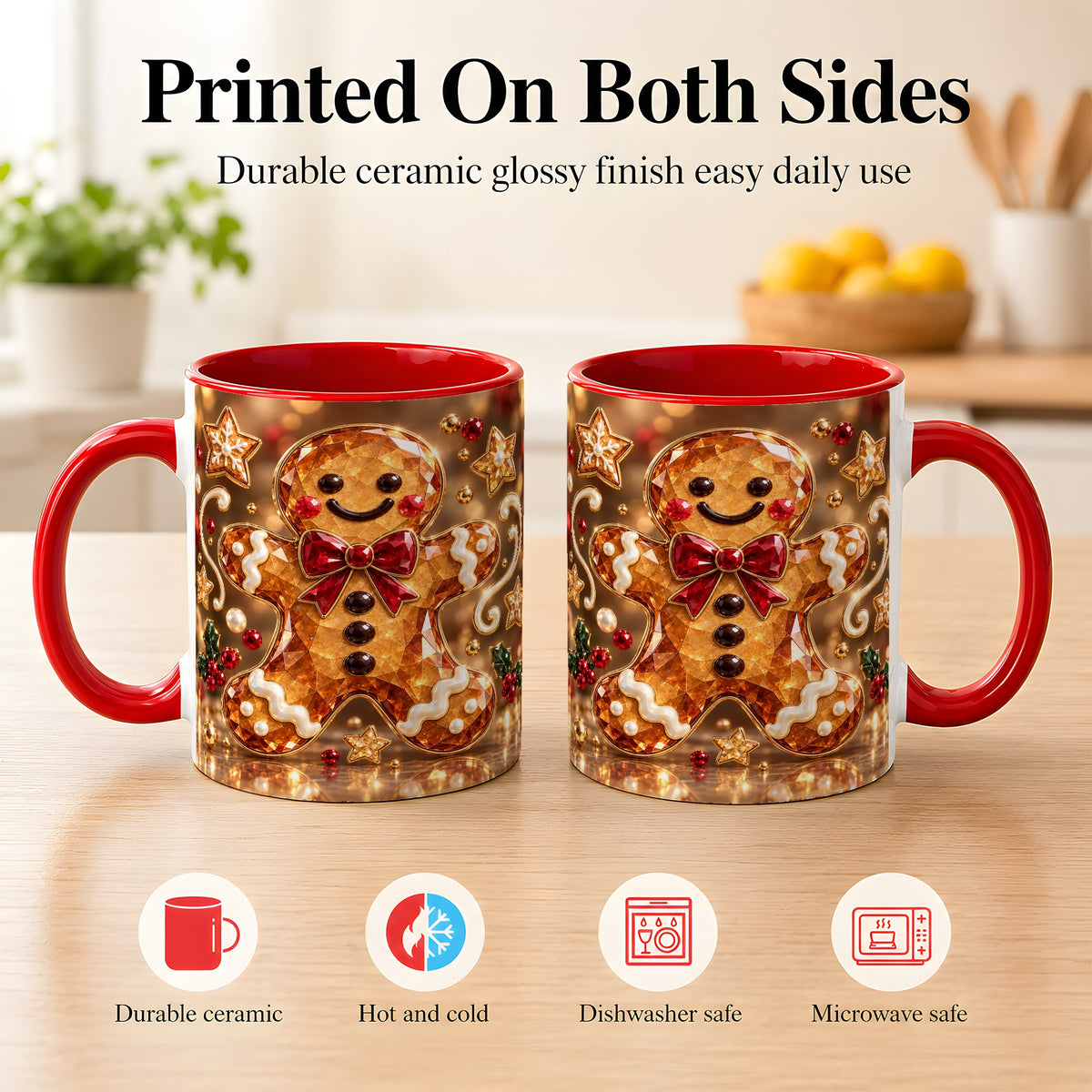 #pl[11oz|Red] Jewel Style Gingerbread Coffee Mug, Sparkling Holiday Mug, Ceramic Cup