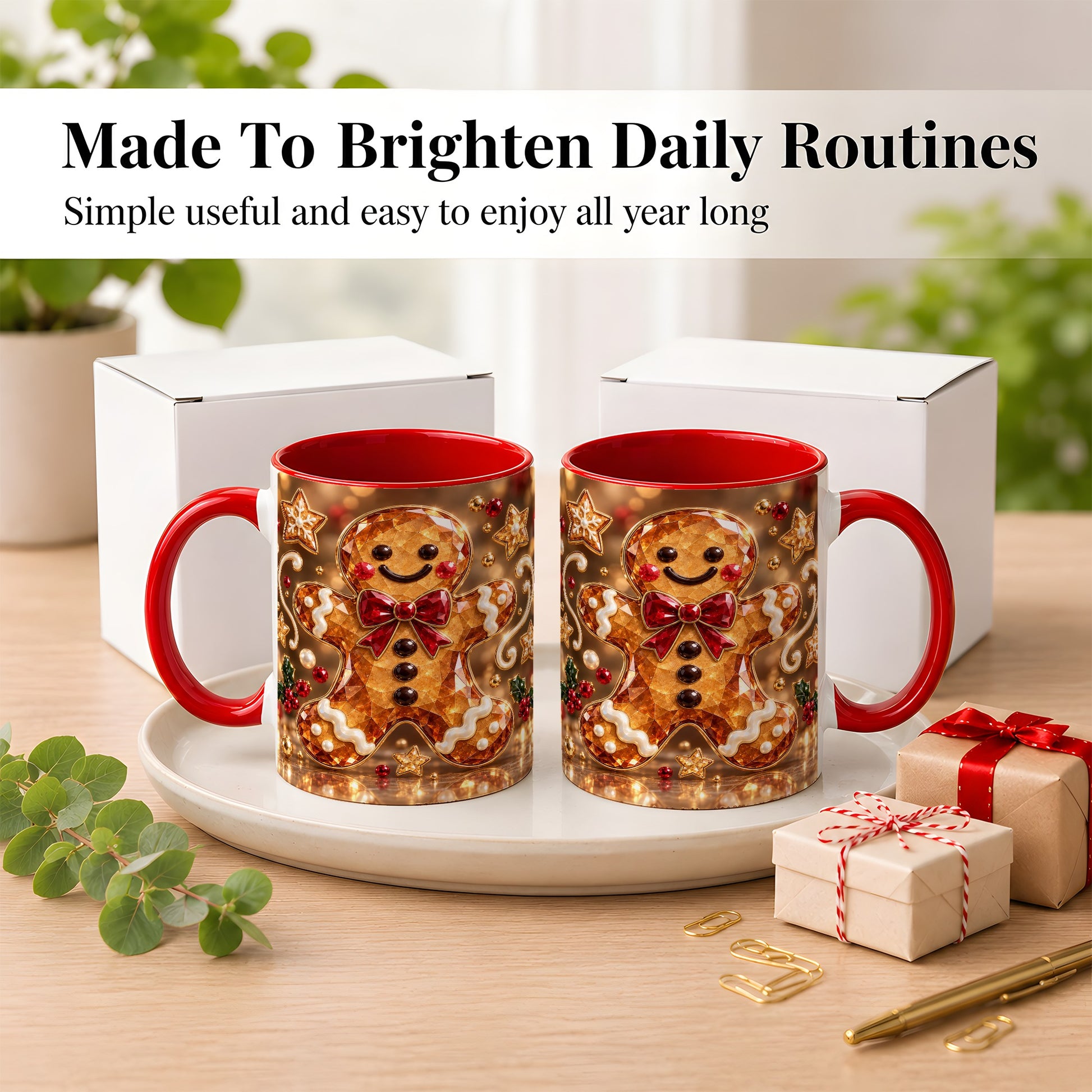 #pl[11oz|Red] Jewel Style Gingerbread Coffee Mug, Sparkling Holiday Mug, Ceramic Cup