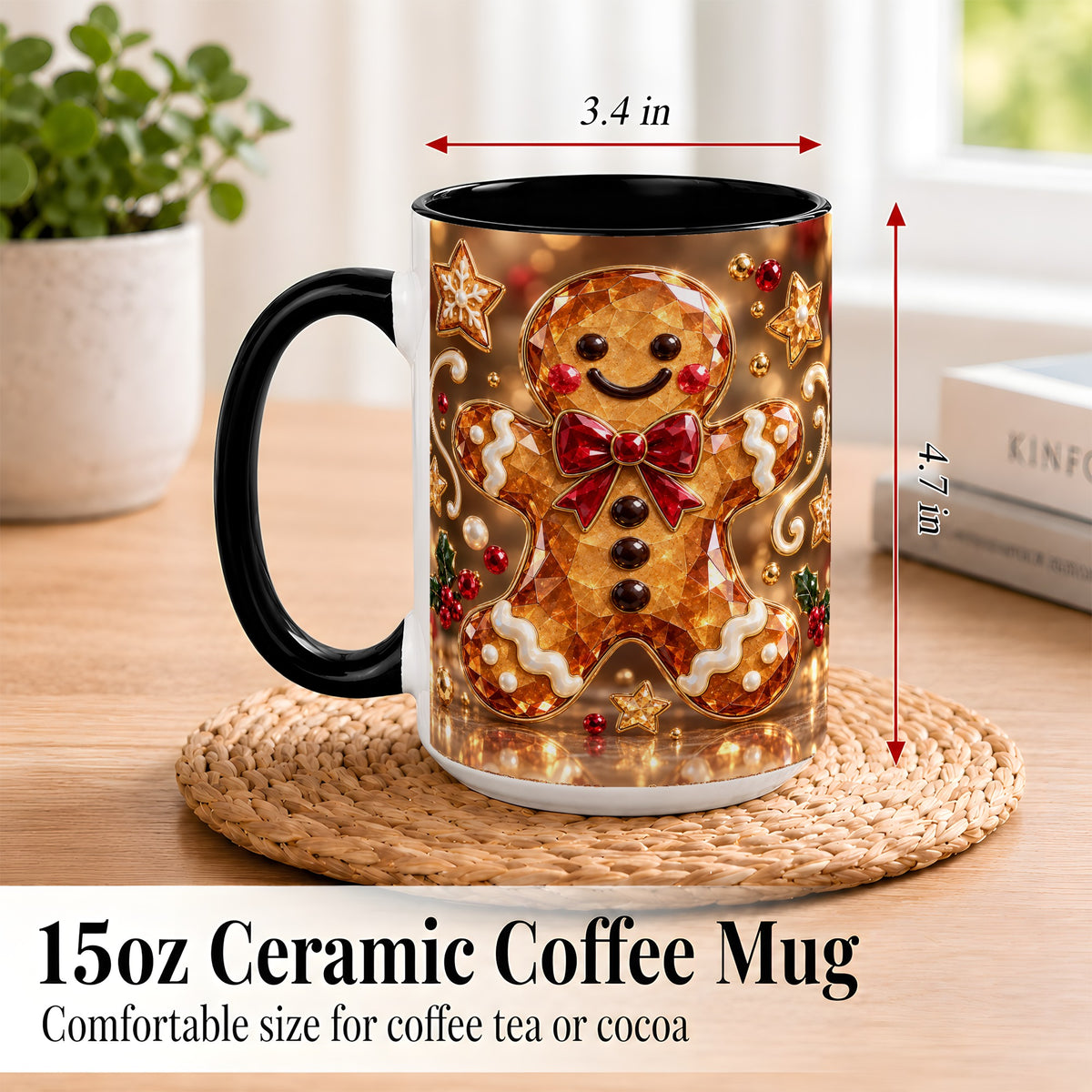 #pl[15oz|Black] Jewel Style Gingerbread Coffee Mug, Sparkling Holiday Mug, Ceramic Cup
