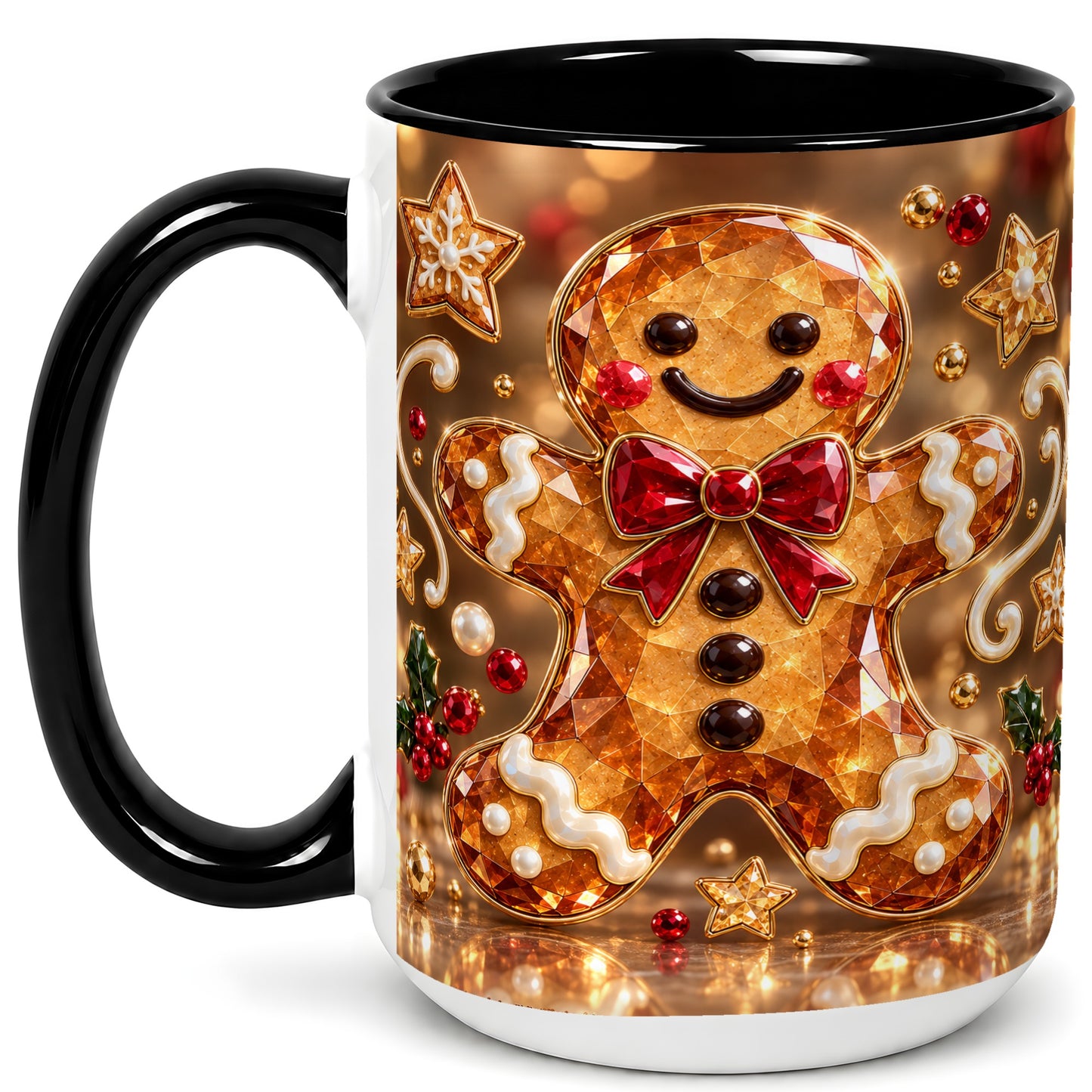 #pl[15oz|Black] Jewel Style Gingerbread Coffee Mug, Sparkling Holiday Mug, Ceramic Cup