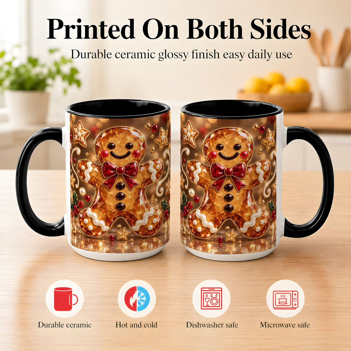 #pl[15oz|Black] Jewel Style Gingerbread Coffee Mug, Sparkling Holiday Mug, Ceramic Cup