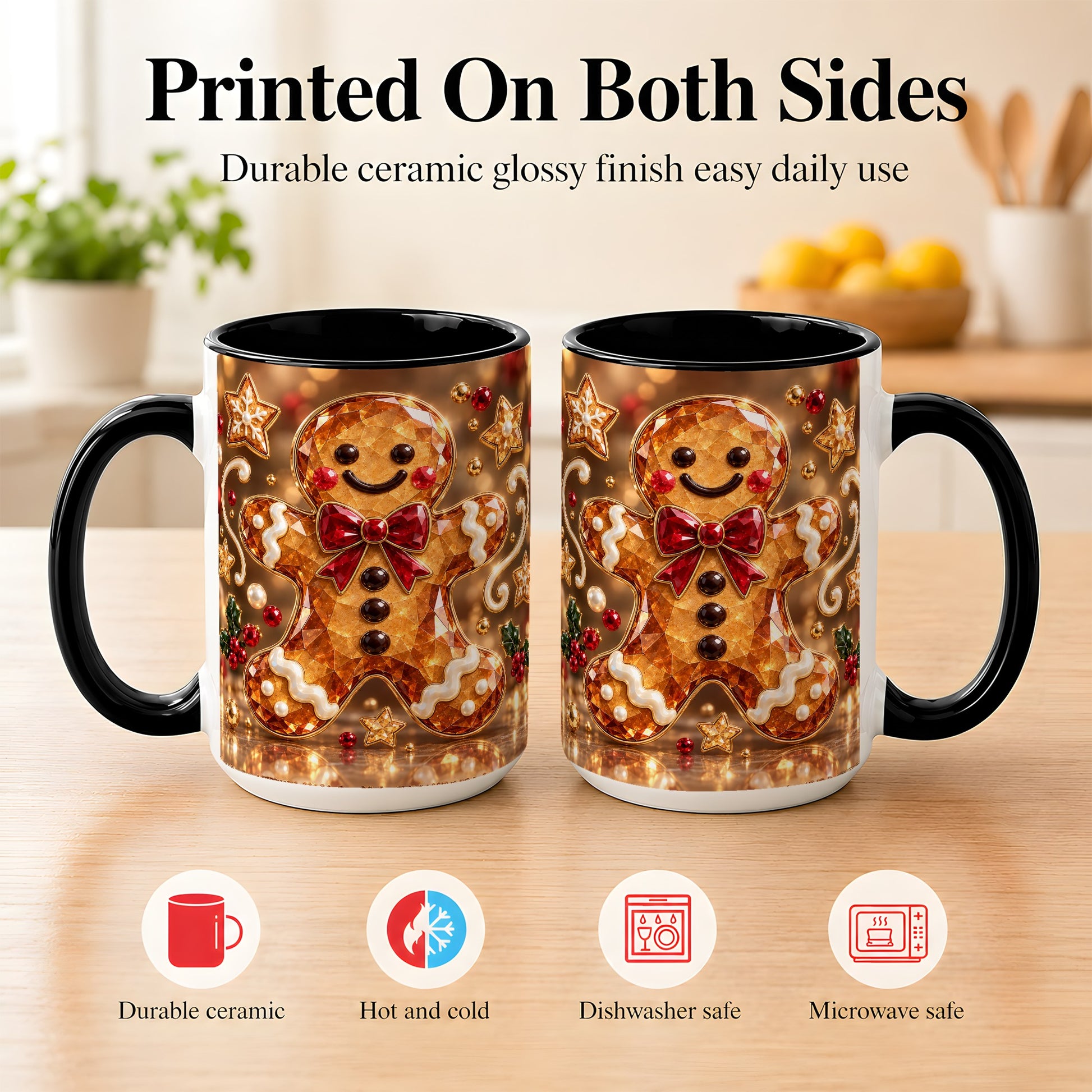 #pl[15oz|Black] Jewel Style Gingerbread Coffee Mug, Sparkling Holiday Mug, Ceramic Cup