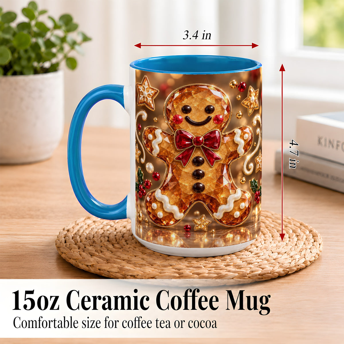 #pl[15oz|Blue] Jewel Style Gingerbread Coffee Mug, Sparkling Holiday Mug, Ceramic Cup