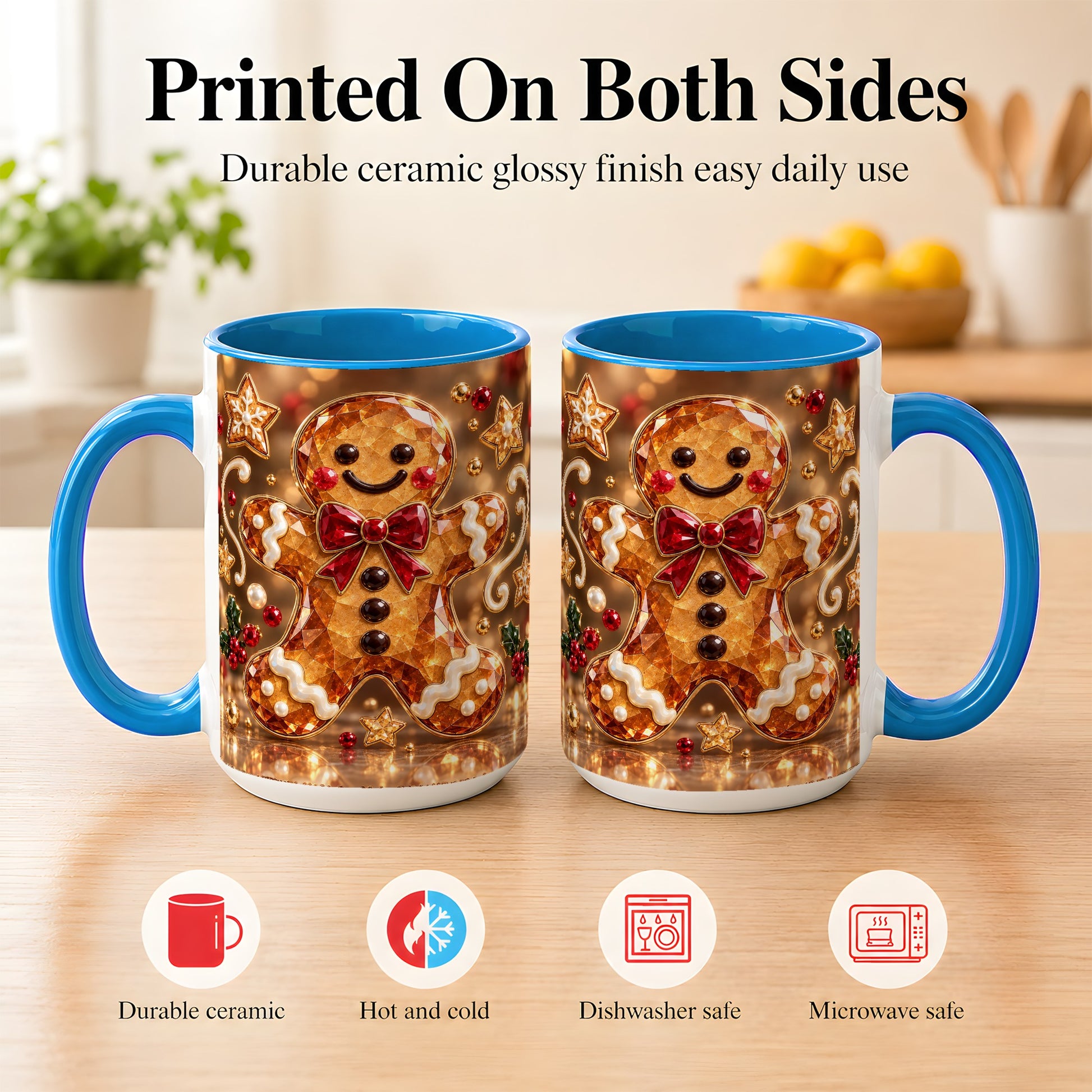 #pl[15oz|Blue] Jewel Style Gingerbread Coffee Mug, Sparkling Holiday Mug, Ceramic Cup