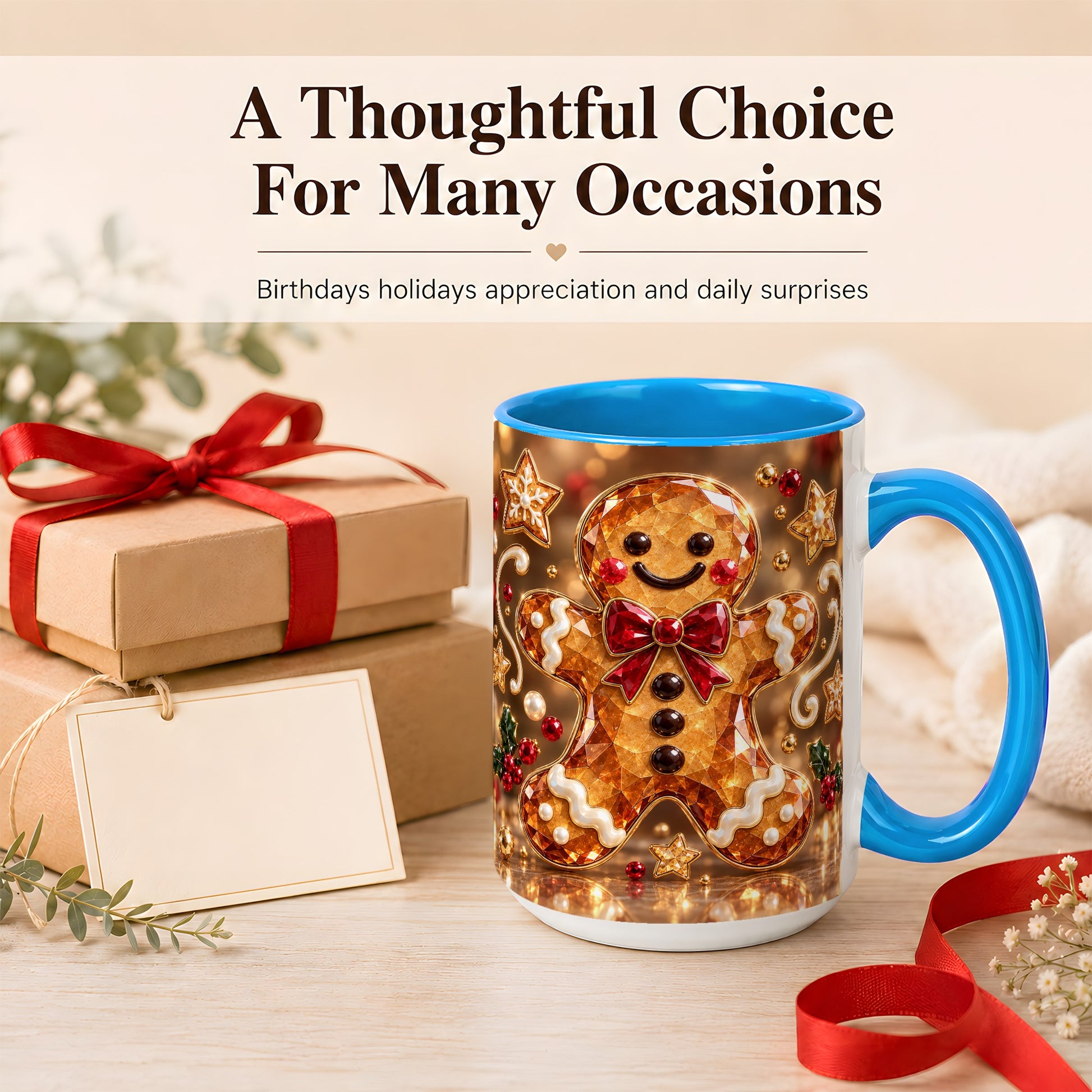 #pl[15oz|Blue] Jewel Style Gingerbread Coffee Mug, Sparkling Holiday Mug, Ceramic Cup