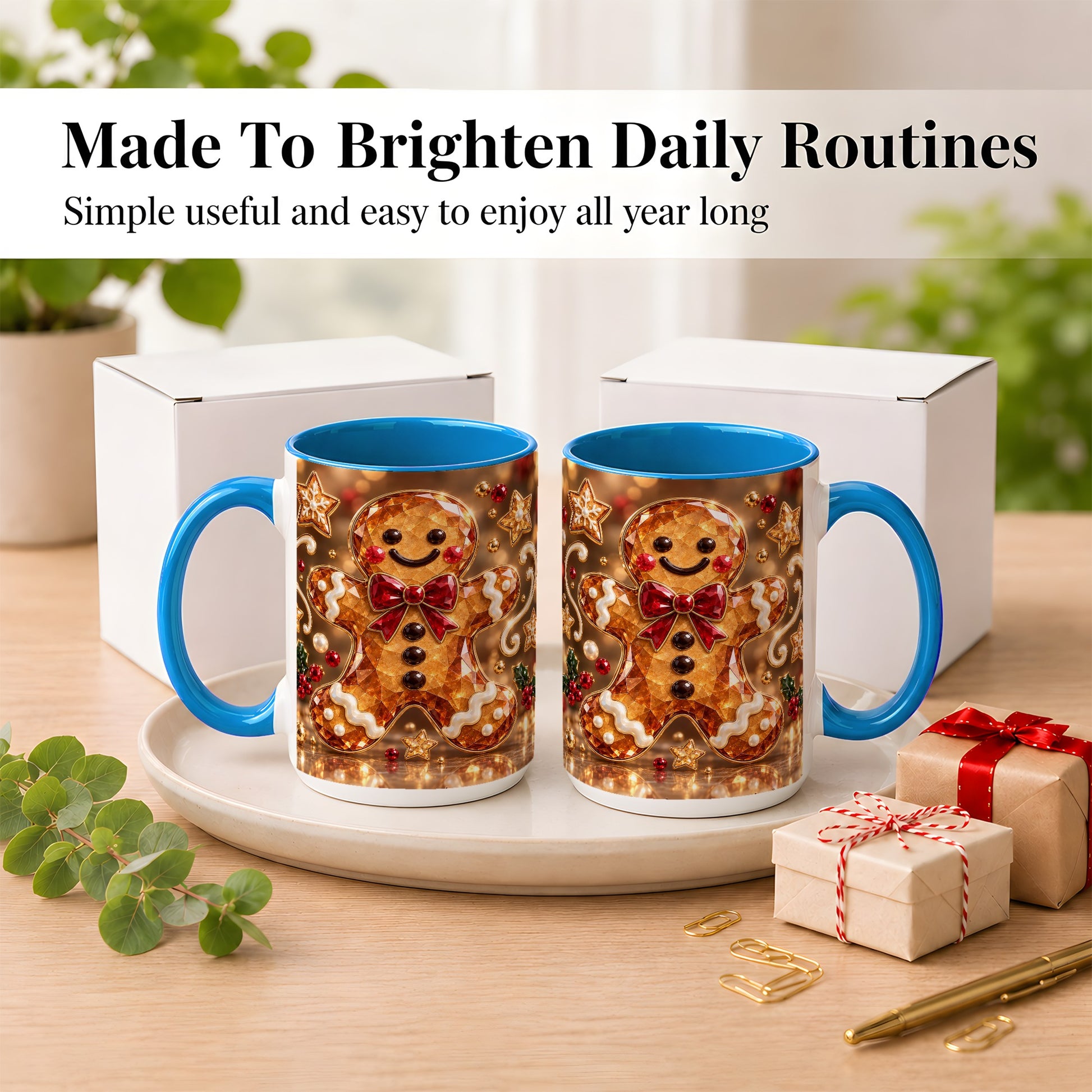 #pl[15oz|Blue] Jewel Style Gingerbread Coffee Mug, Sparkling Holiday Mug, Ceramic Cup