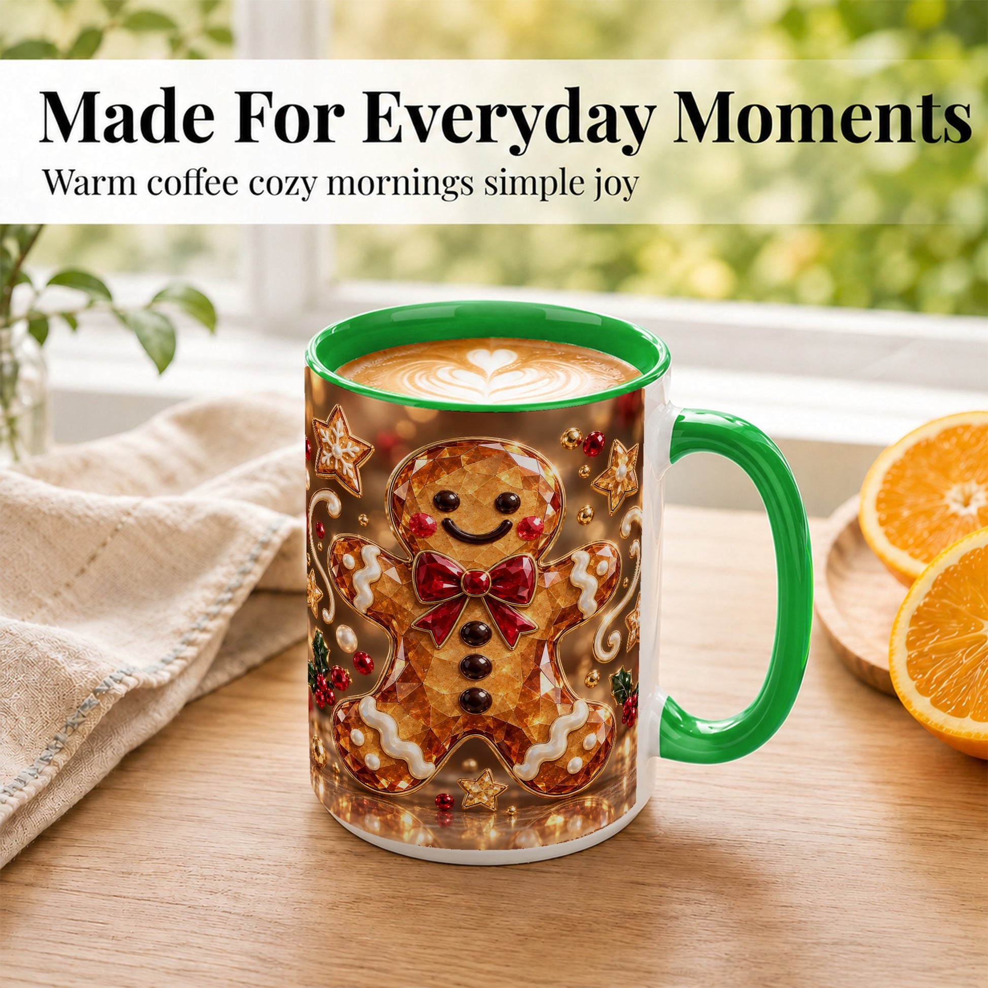#pl[15oz|Green] Jewel Style Gingerbread Coffee Mug, Sparkling Holiday Mug, Ceramic Cup