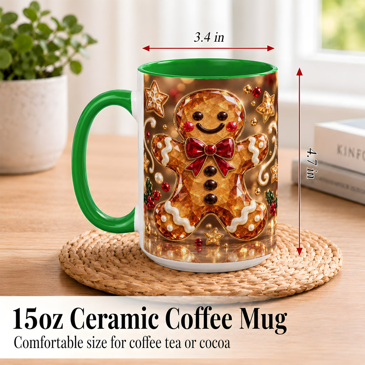 #pl[15oz|Green] Jewel Style Gingerbread Coffee Mug, Sparkling Holiday Mug, Ceramic Cup