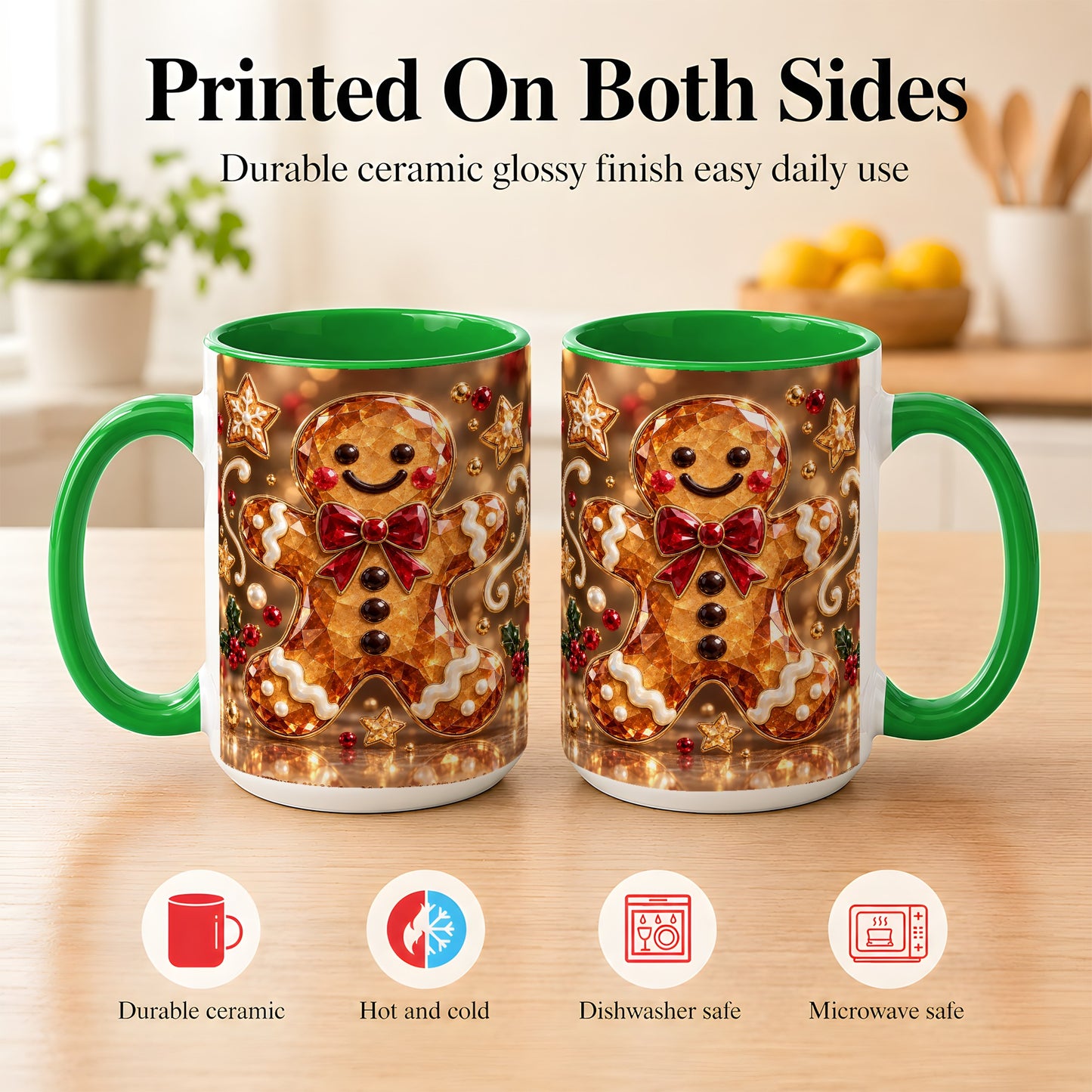 #pl[15oz|Green] Jewel Style Gingerbread Coffee Mug, Sparkling Holiday Mug, Ceramic Cup