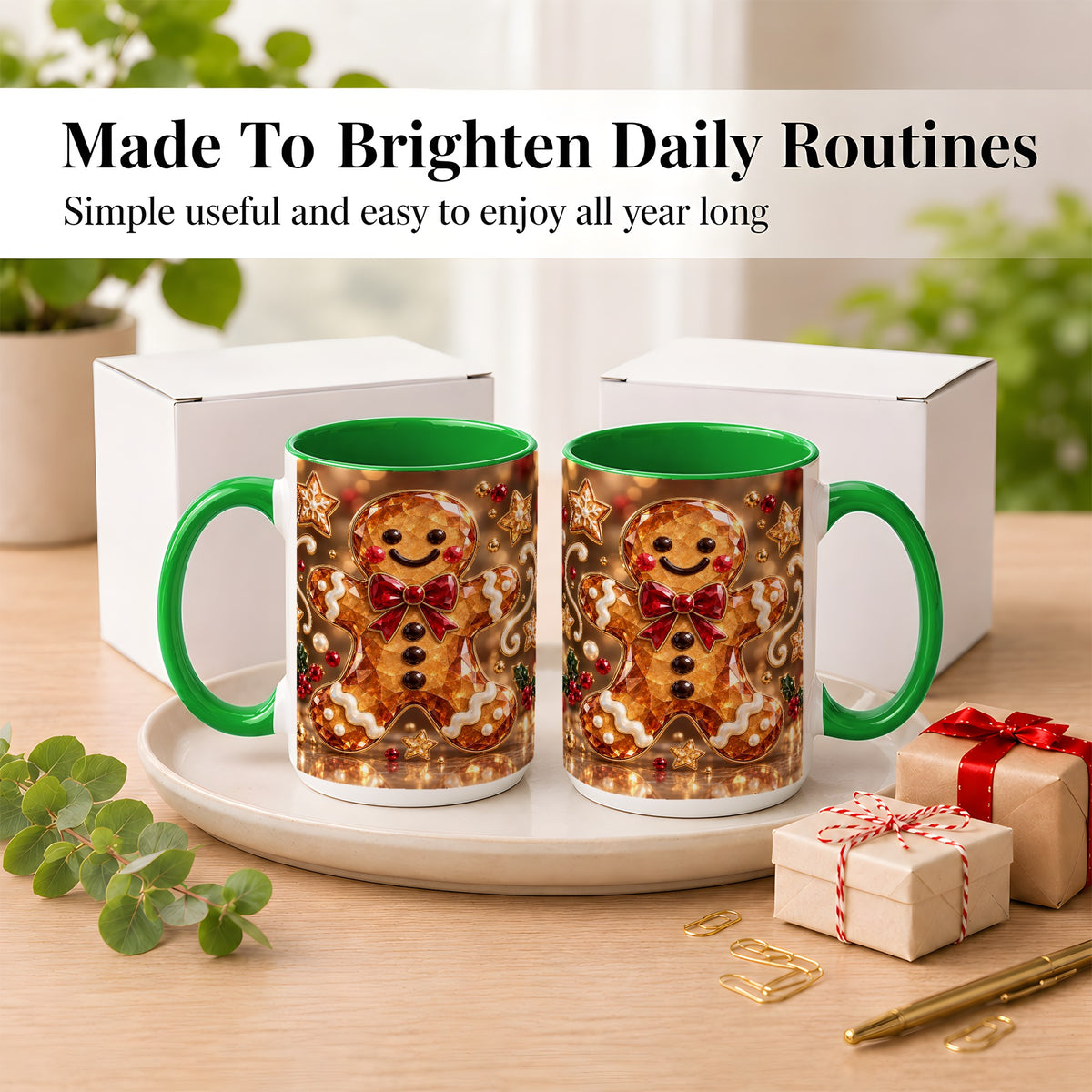 #pl[15oz|Green] Jewel Style Gingerbread Coffee Mug, Sparkling Holiday Mug, Ceramic Cup