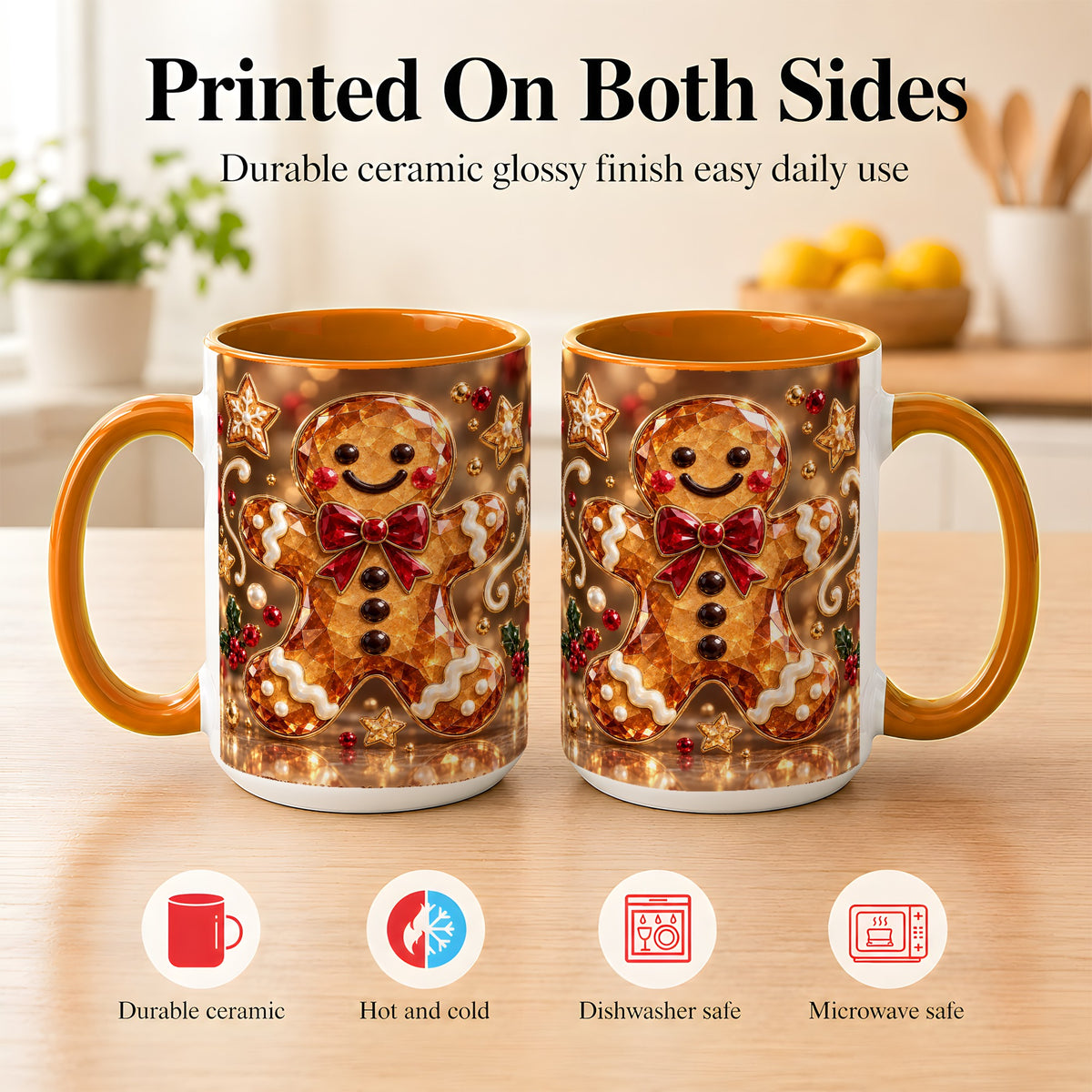 #pl[15oz|Orange] Jewel Style Gingerbread Coffee Mug, Sparkling Holiday Mug, Ceramic Cup